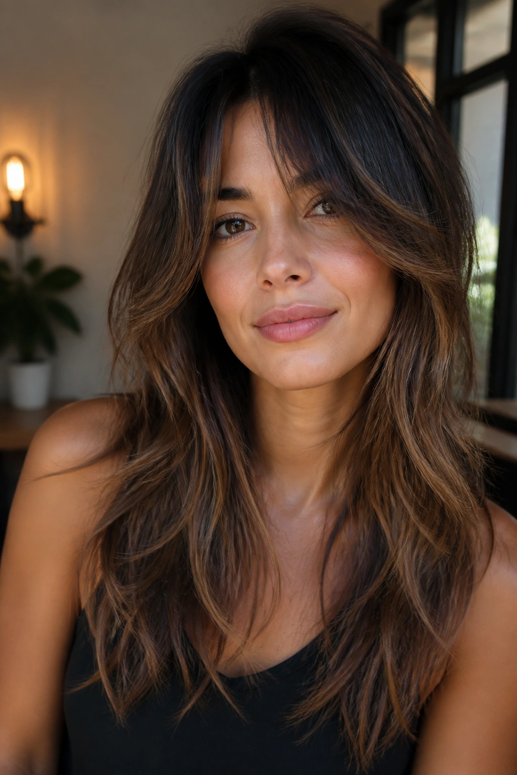 Close-up of a woman with long shag and face-framing layers