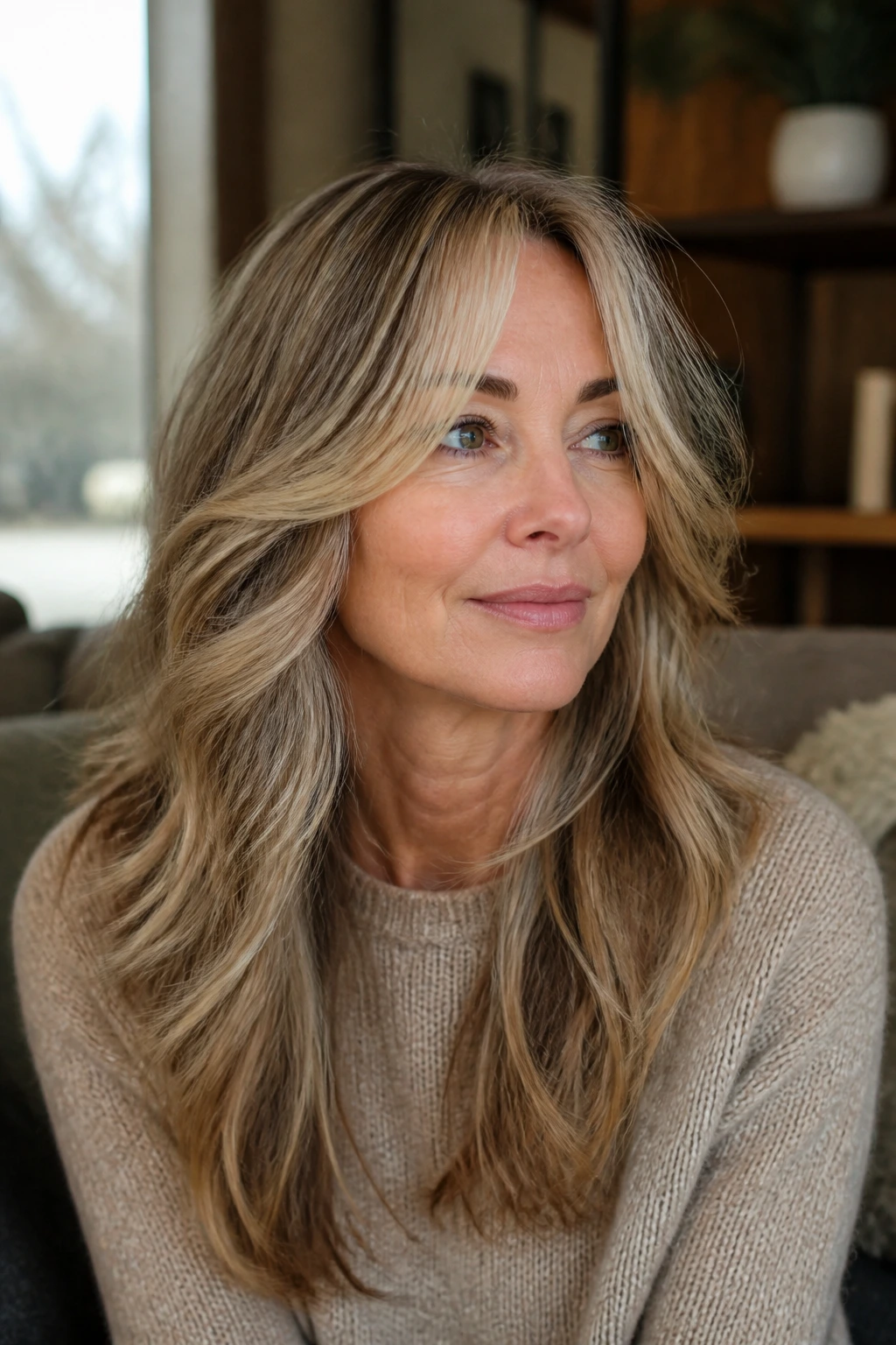 Portrait of a woman with long shag and face-framing layers in a warm living room.
