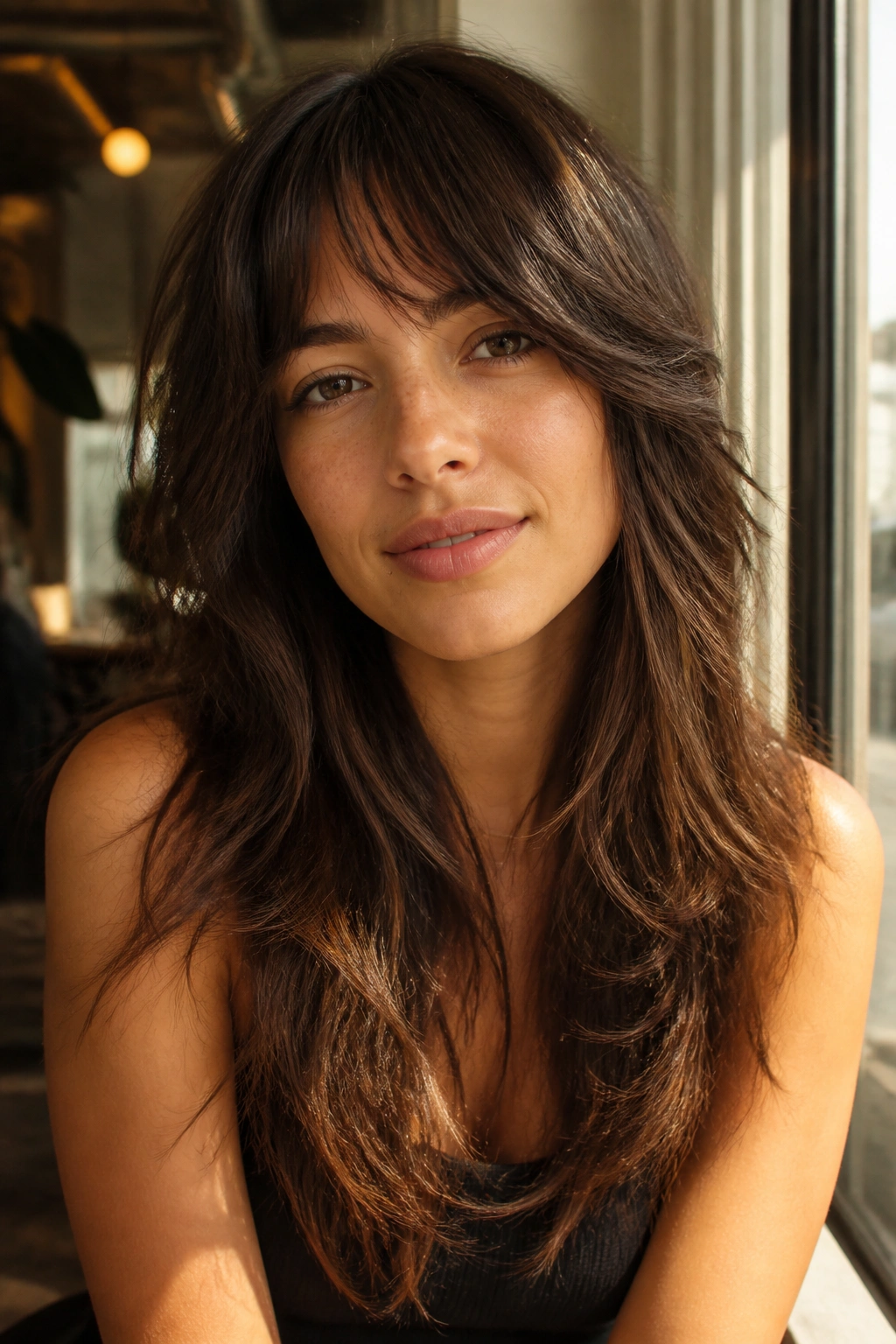 Real woman with long shag and feathered fringe in warm light