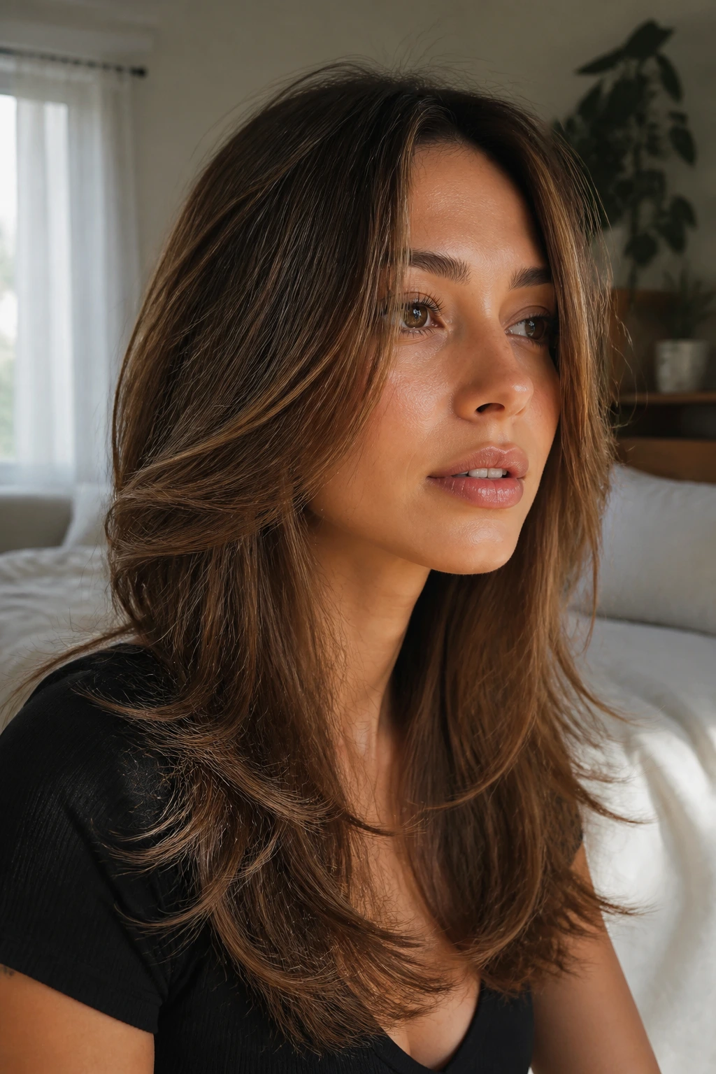 Close-up portrait of a woman with long shag hairstyle without bangs on fine hair
