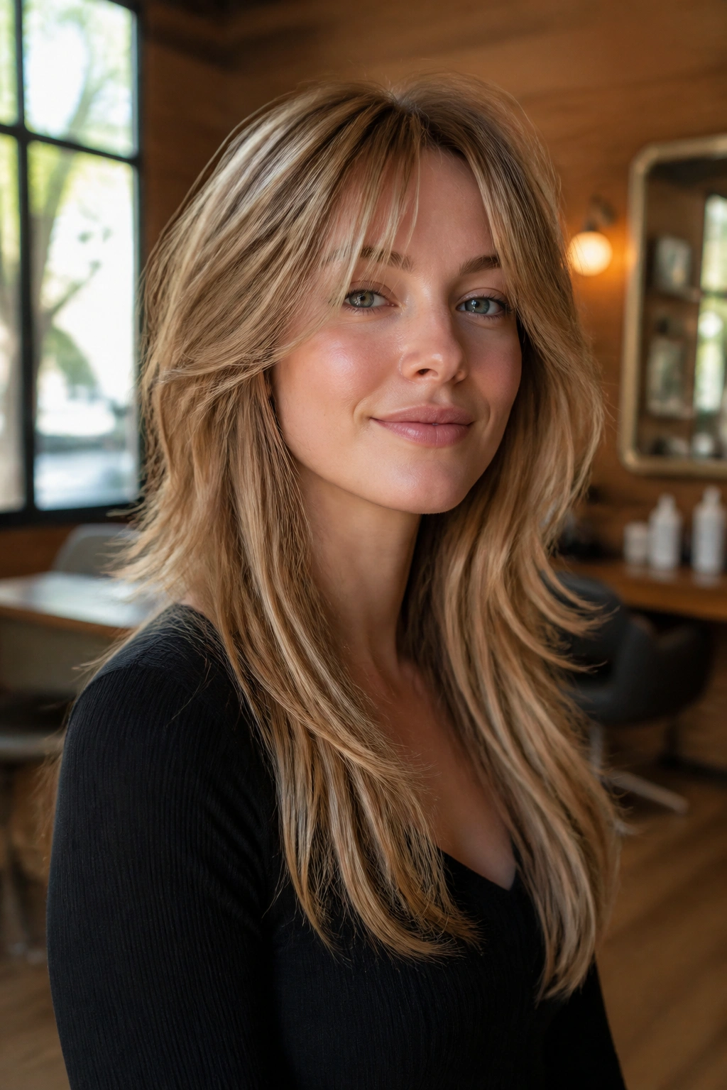 Close-up portrait of a real woman with long shag layers in fine hair, soft movement