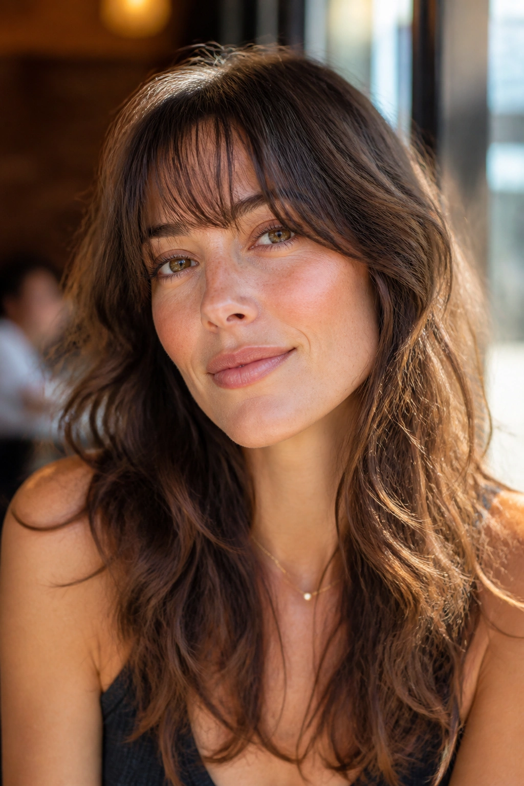 Close-up of a real woman with long shag and airy bangs on fine wavy hair in sunlit setting