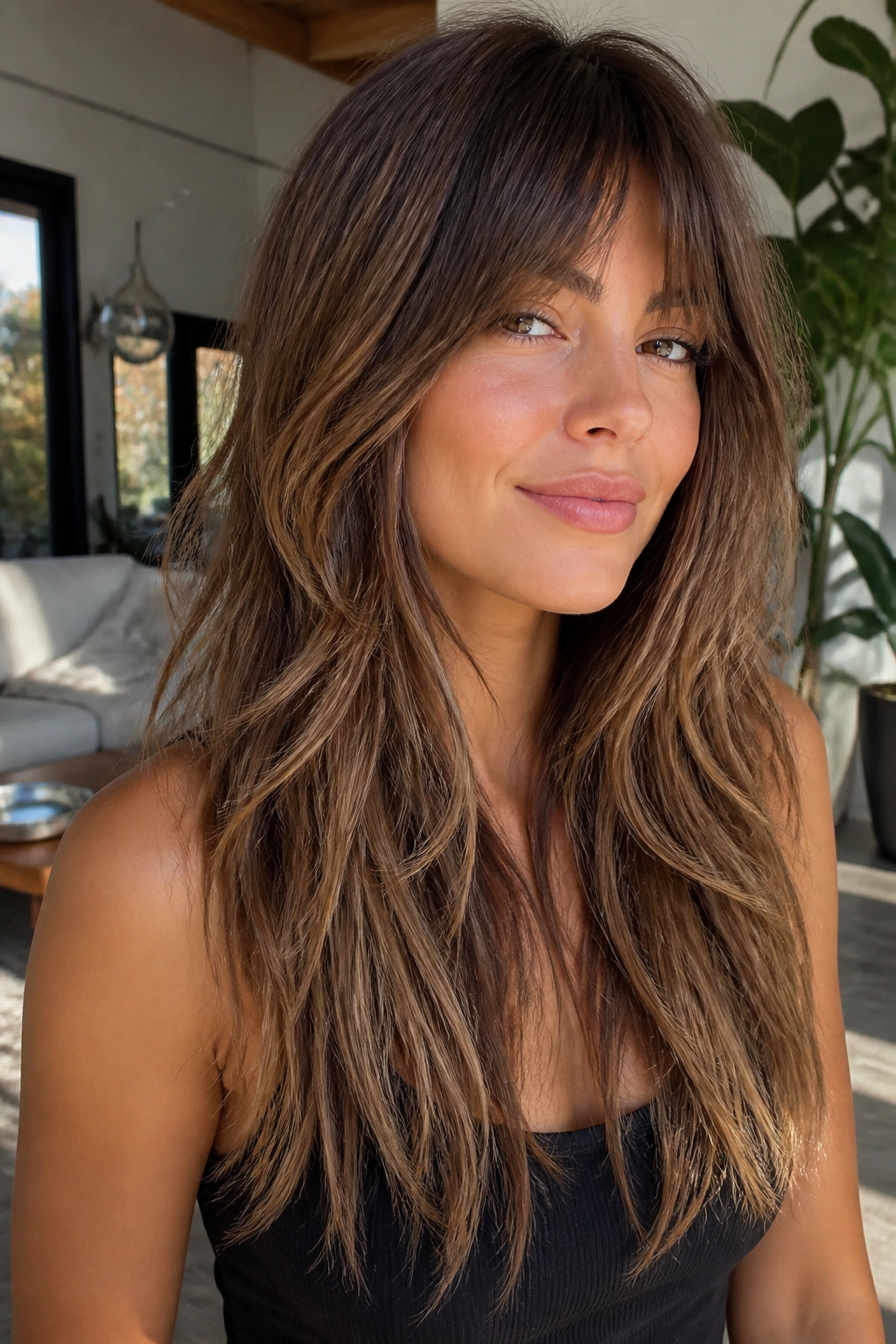 Close-up of a real woman with a long shag hairstyle and piecey ends