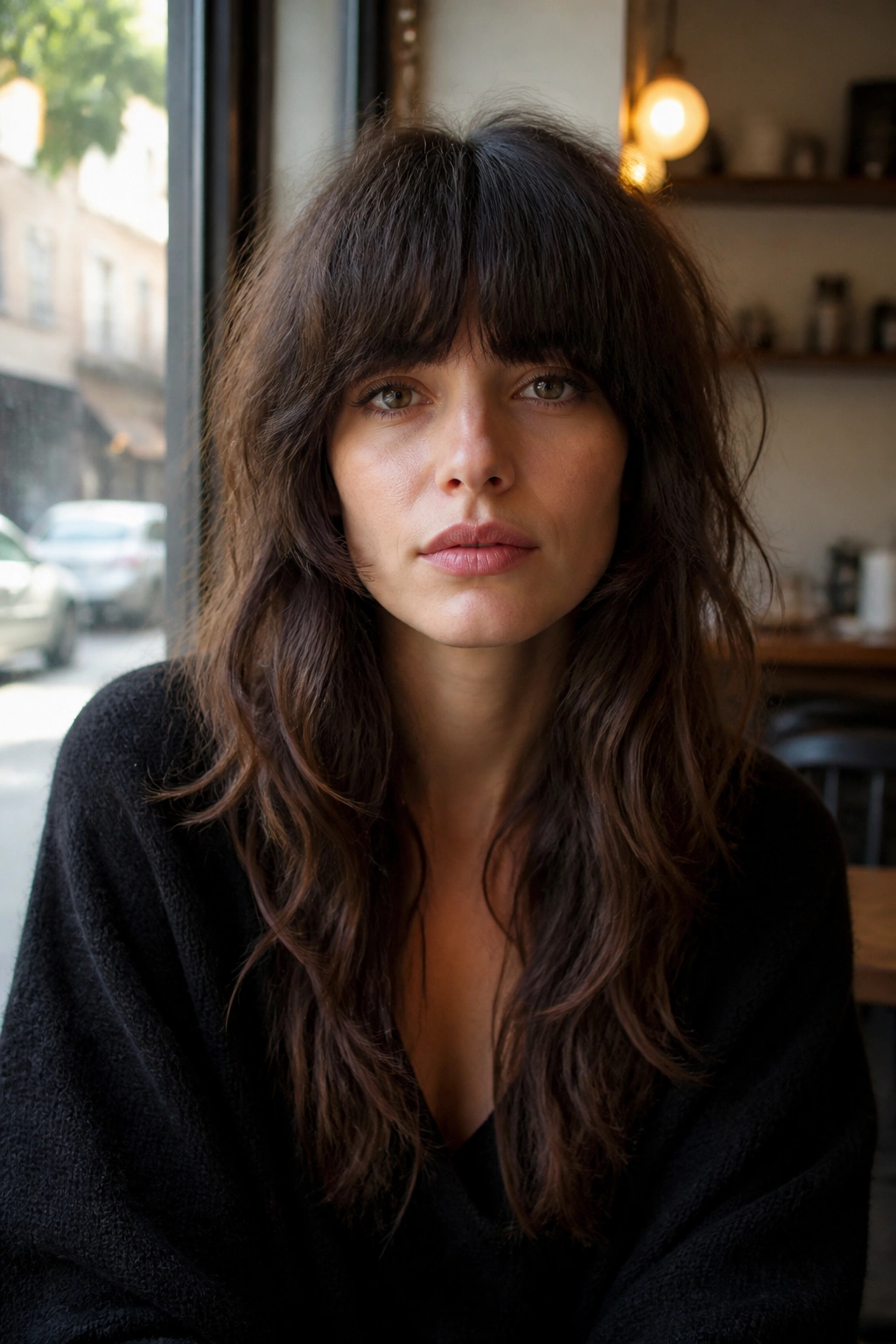 Front-facing portrait of real person with long shag and heavy fringe in cafe light