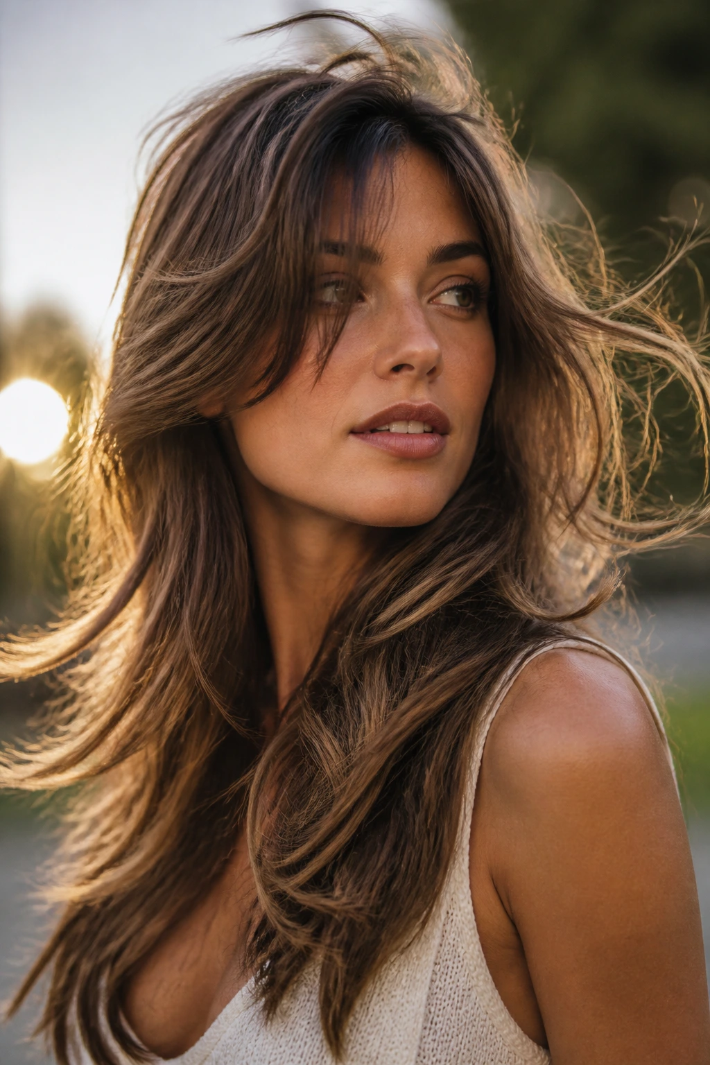 Real woman with long shag layers and airy movement in outdoor light