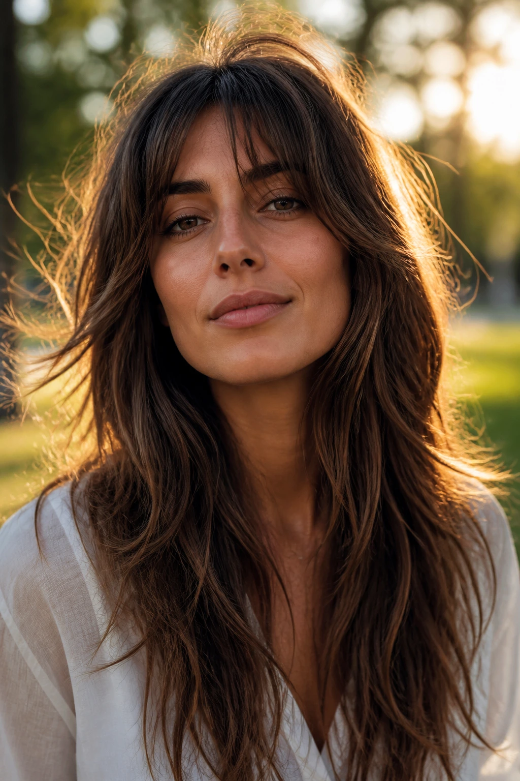 Portrait of a woman with long shag with layers, wind-swept texture.