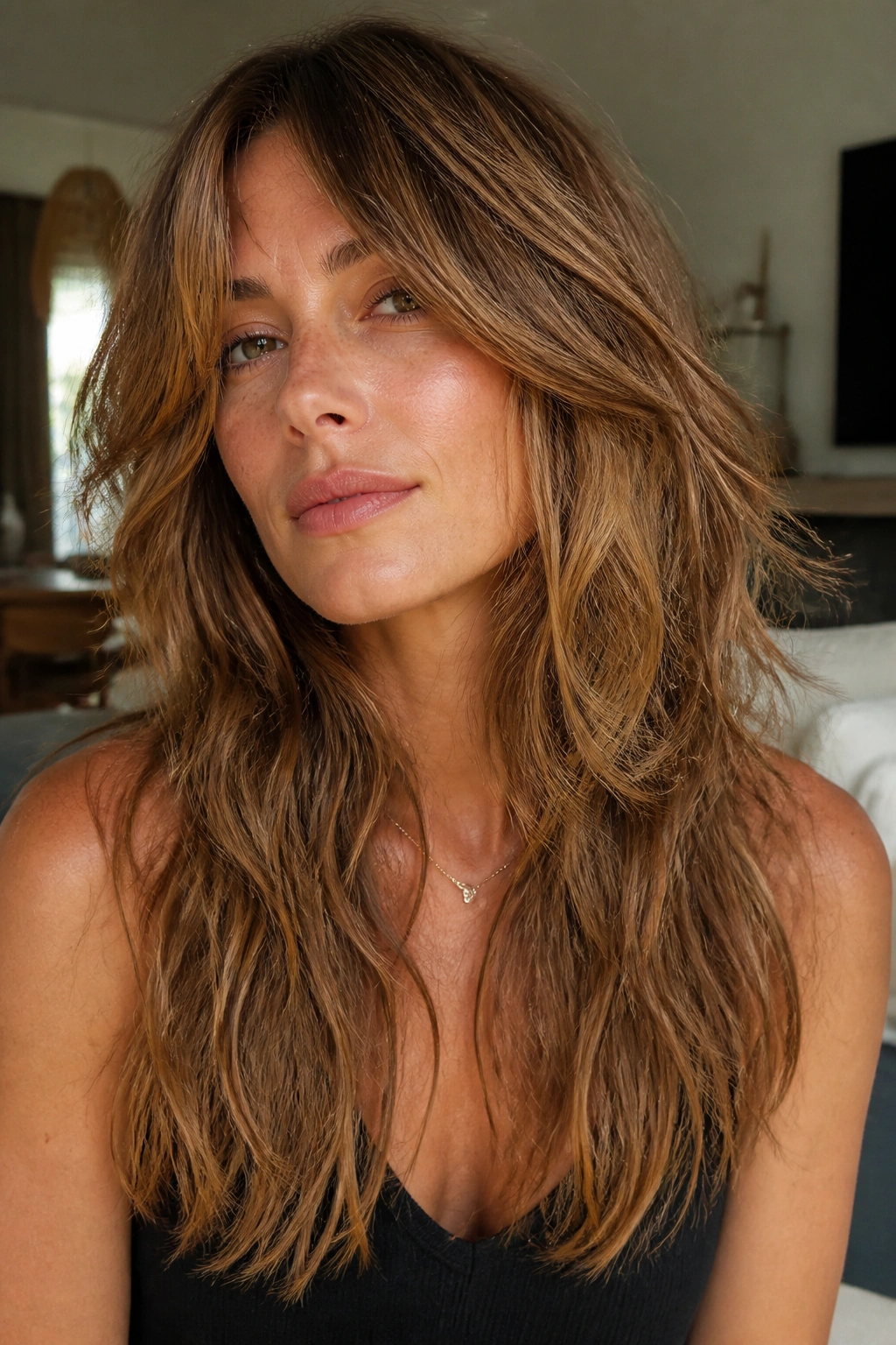 Portrait showing long shag layers for textured thick hair