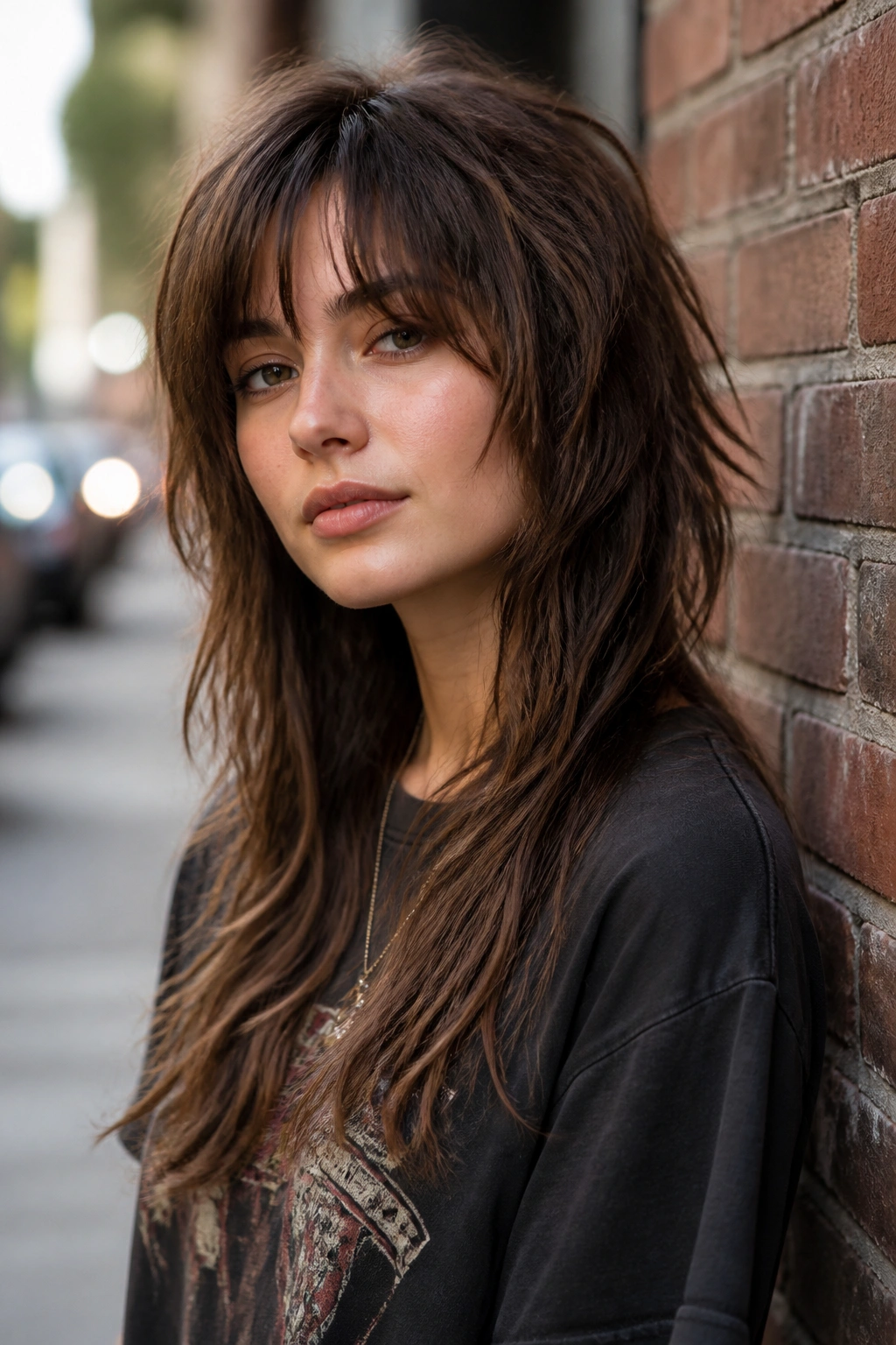 Real person with long rocker shag and micro layers on a city street background.