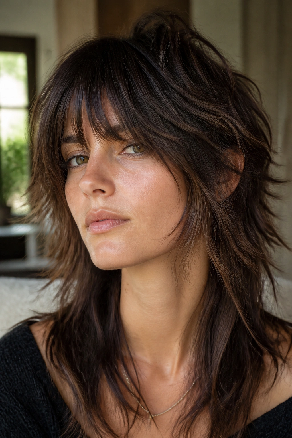 Close-up portrait of a real person with a long shag mullet and long bangs, bold texture.