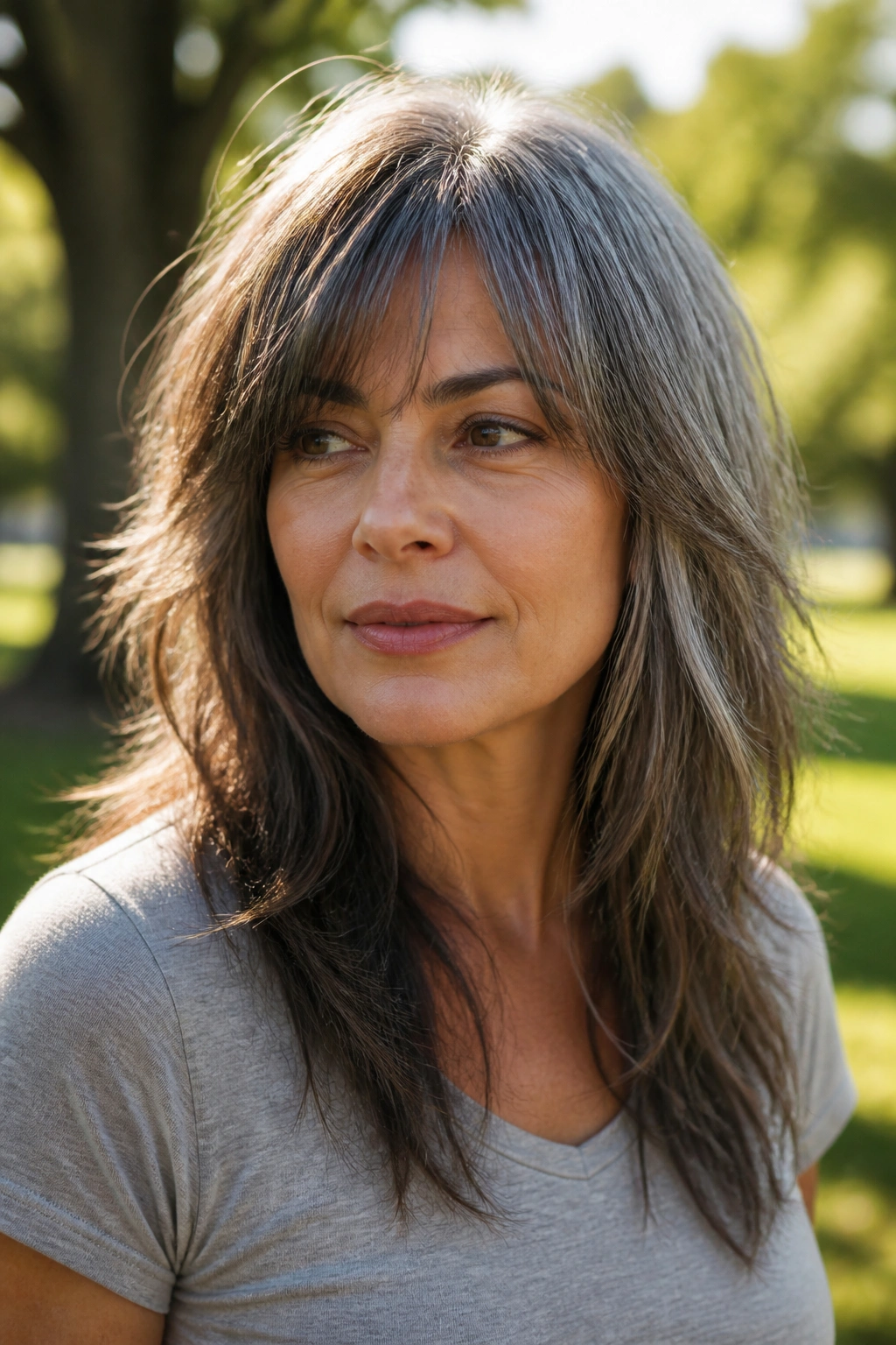 Close-up portrait of a woman with a long shag hairstyle with piecey ends