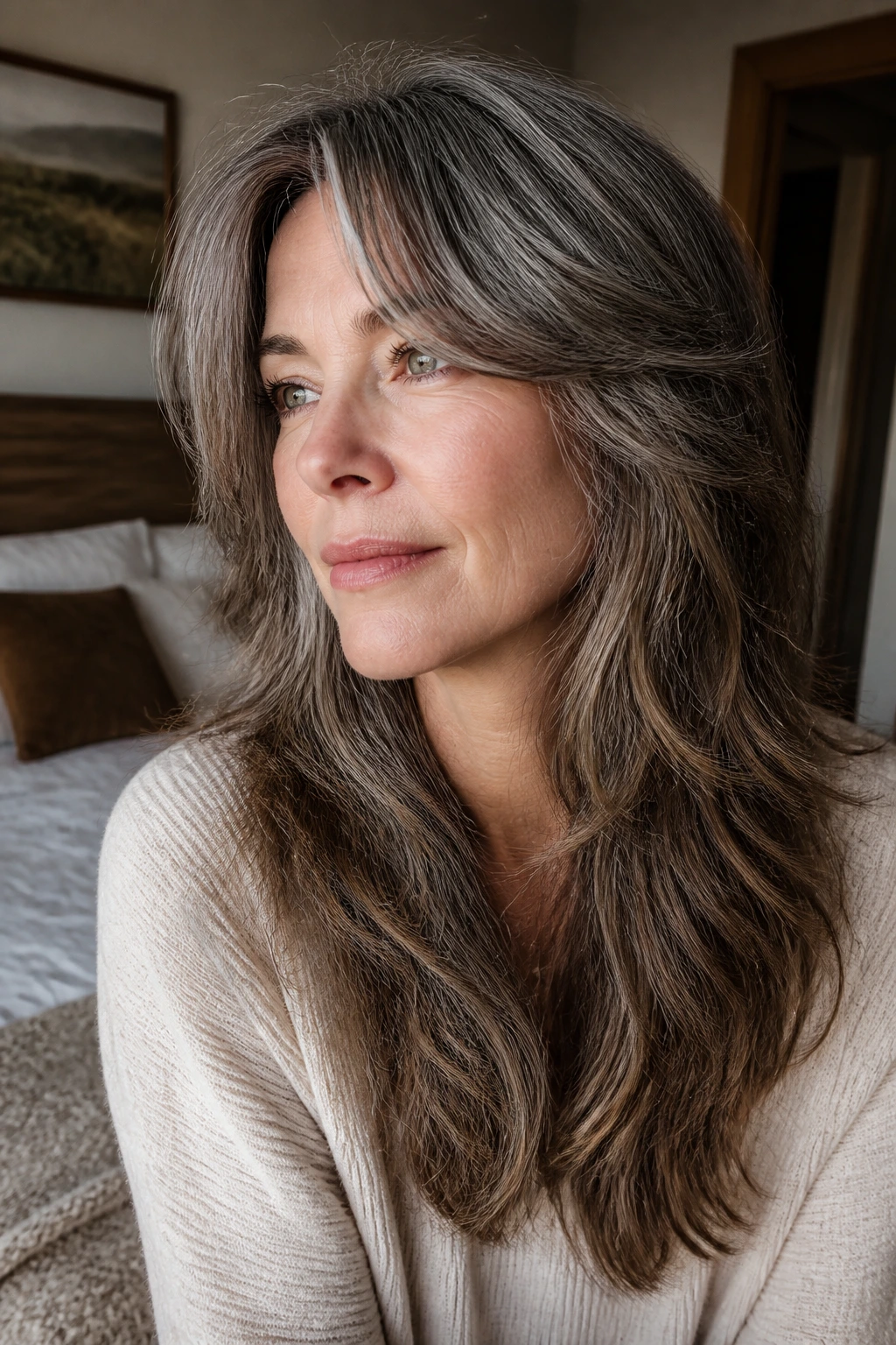 Real woman with long shag cut showing soft-ended layers