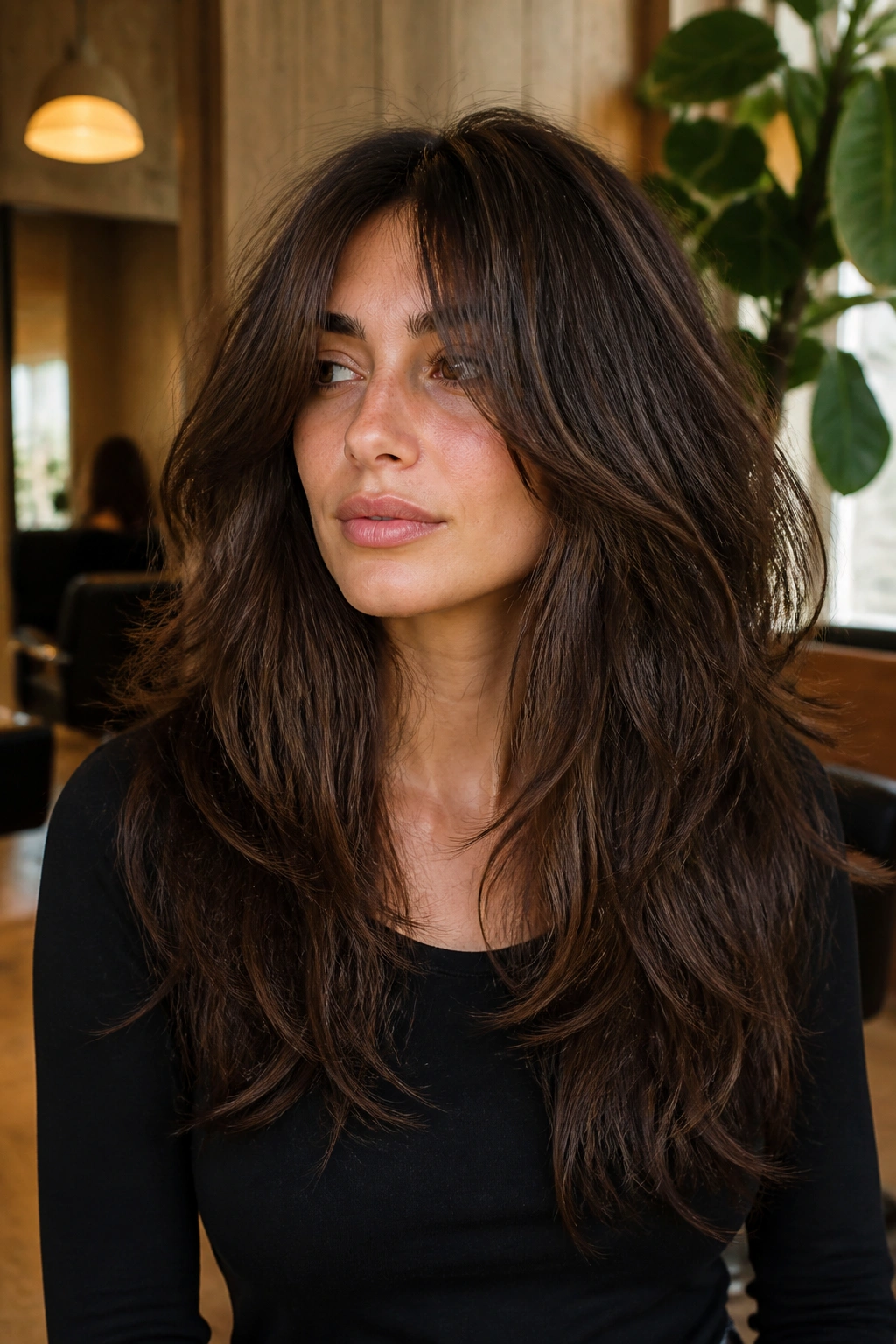 Close-up portrait of a real woman with thick shaggy layers in heavy hair