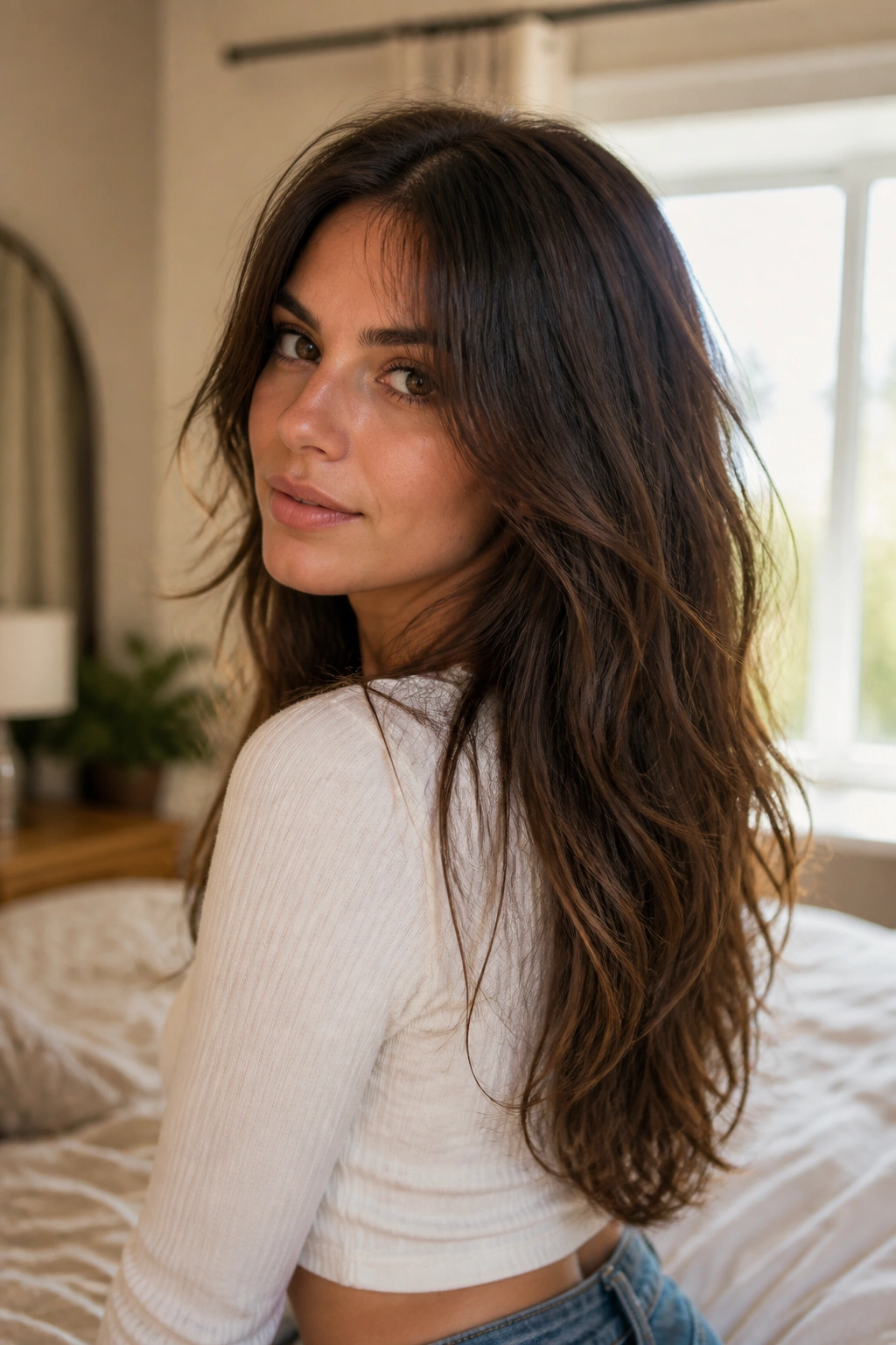 Close-up portrait of a woman with long shag hairstyle featuring a soft U-shaped back.
