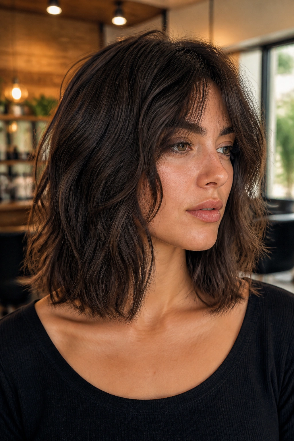 Real woman with collarbone-length shaggy bob in warm salon lighting, close-up