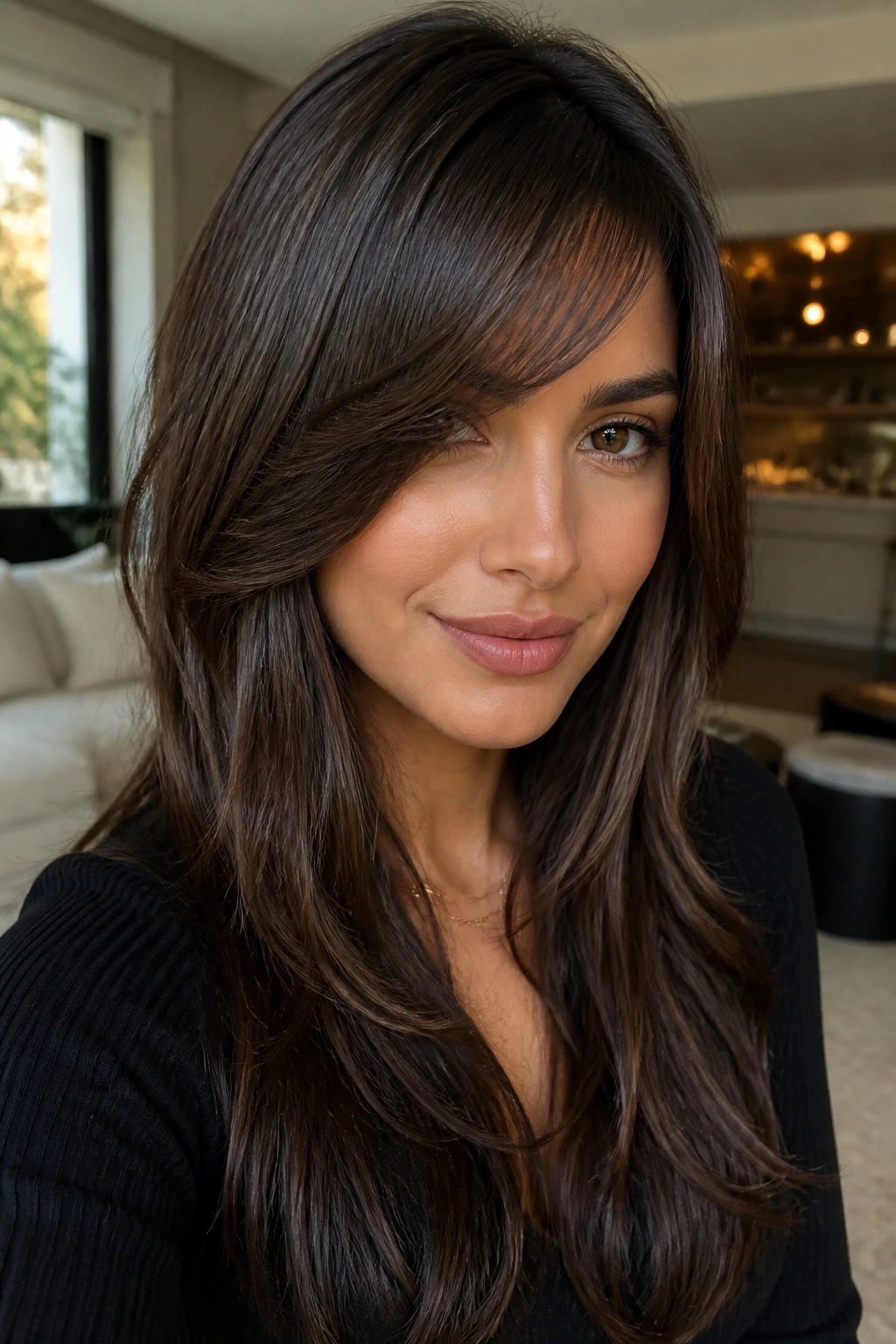 Close-up of a real person with long side bangs blending into face-framing layers