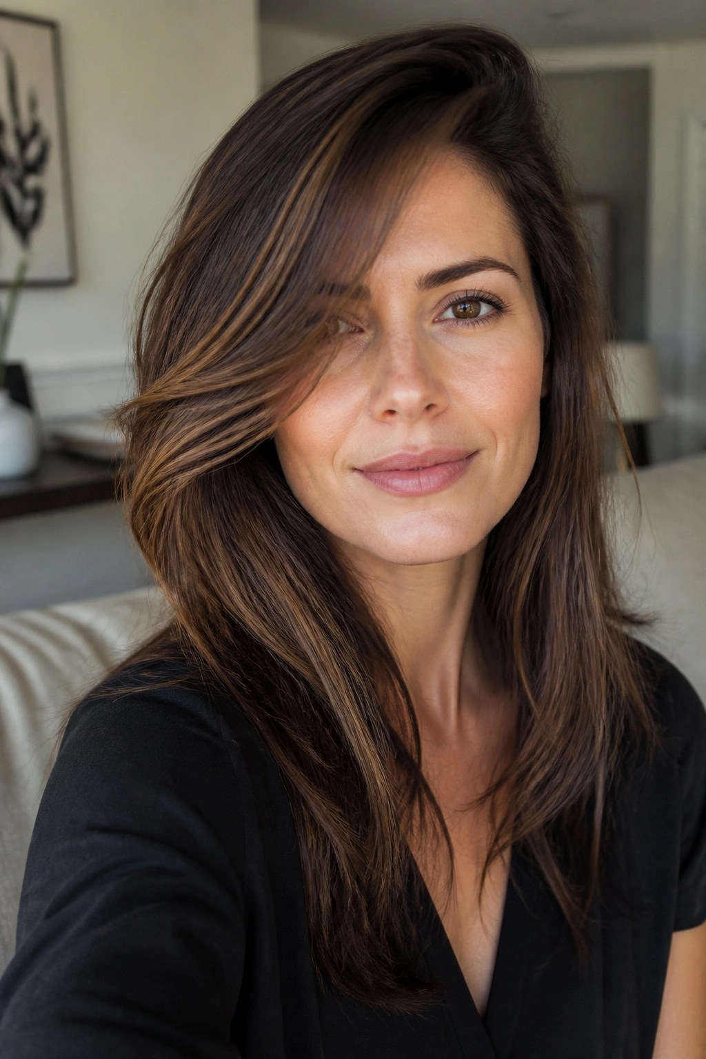 Close-up portrait of a real woman with long side bangs fading into layers