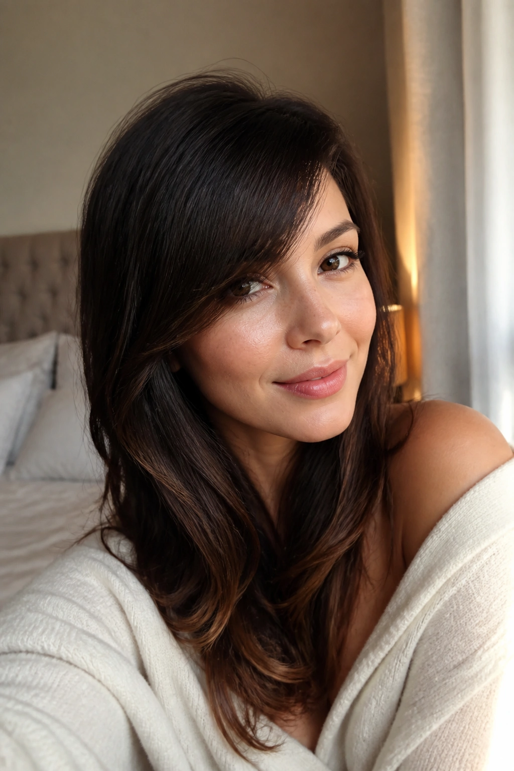 Close-up of real woman with long side fringe in window-lit bedroom