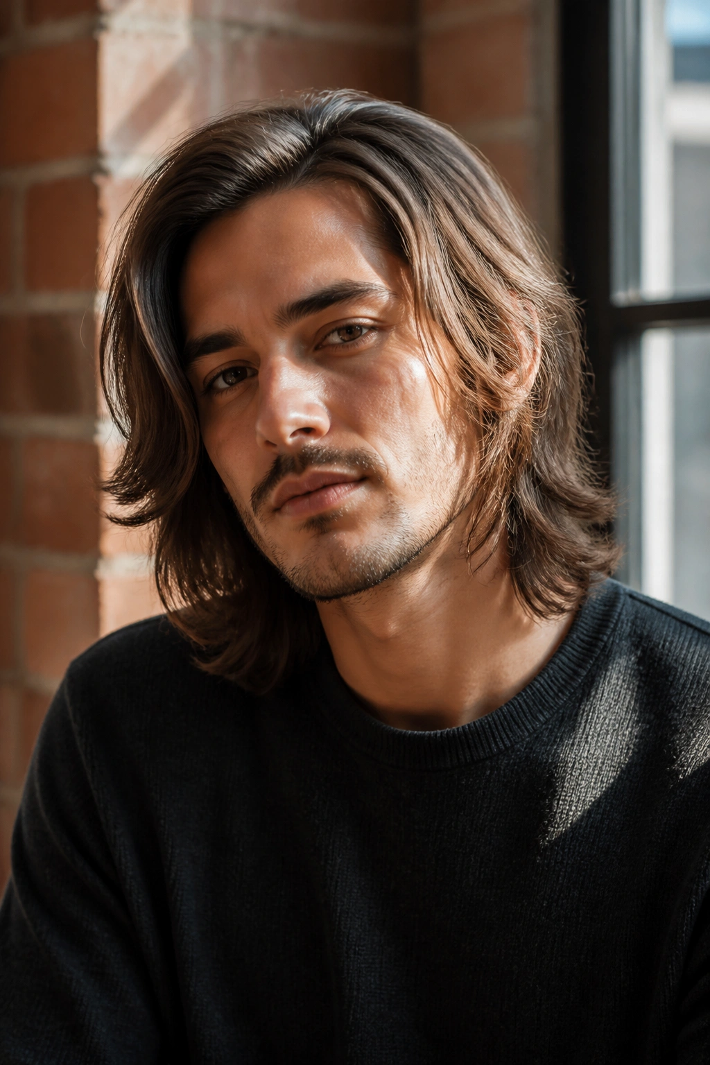Real man with long hair, side part, and face-framing layers
