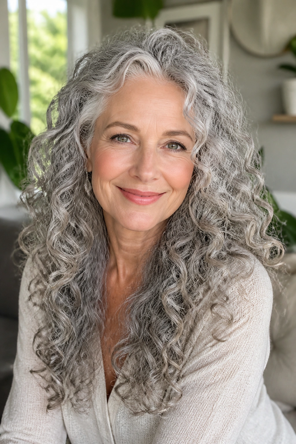 Portrait of a real woman with long silver curls cascading down, front shorter for lift.