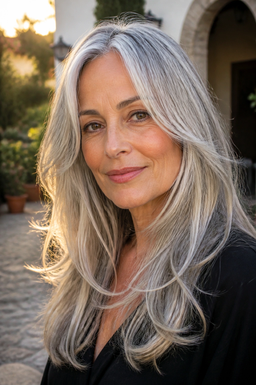 Close-up of a real woman with long silver hair and face-framing layers in outdoor warm light