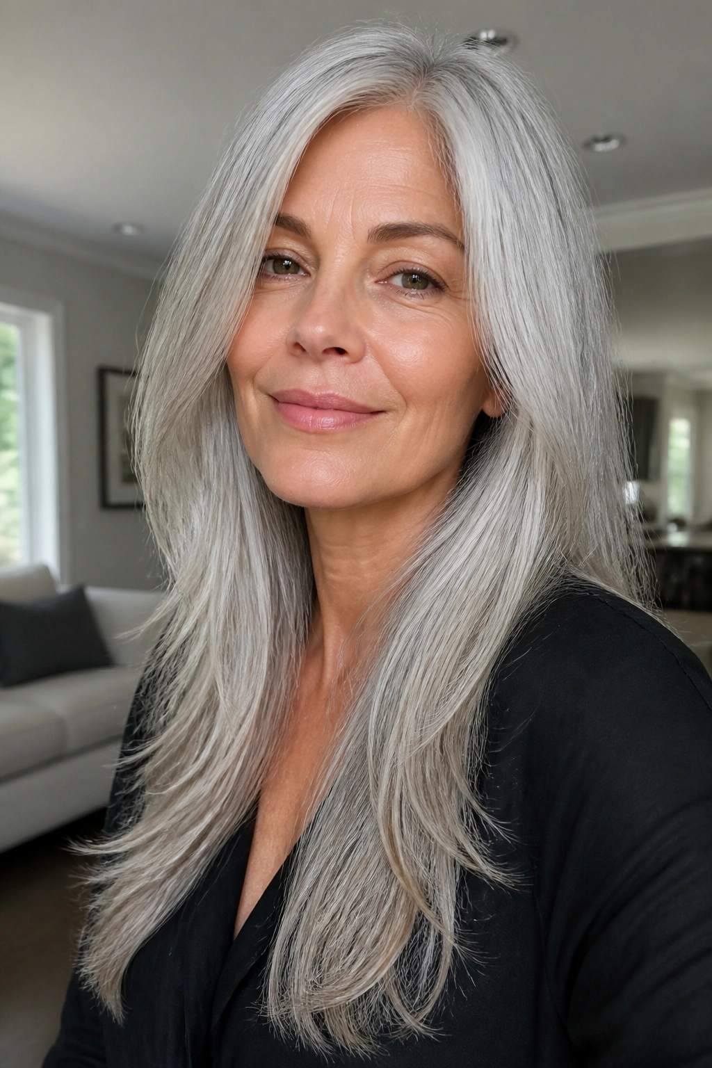 Close-up of a woman with long silver hair and minimal shaping in natural light