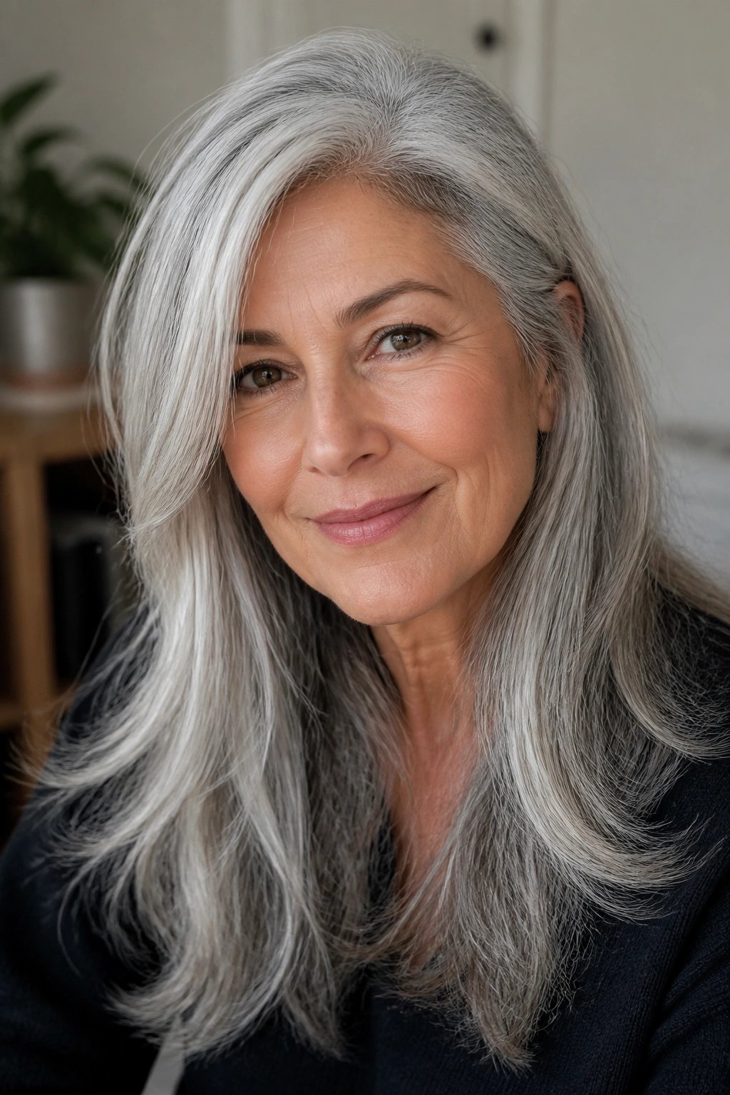 Close-up of a mature woman with long silver hair and side part