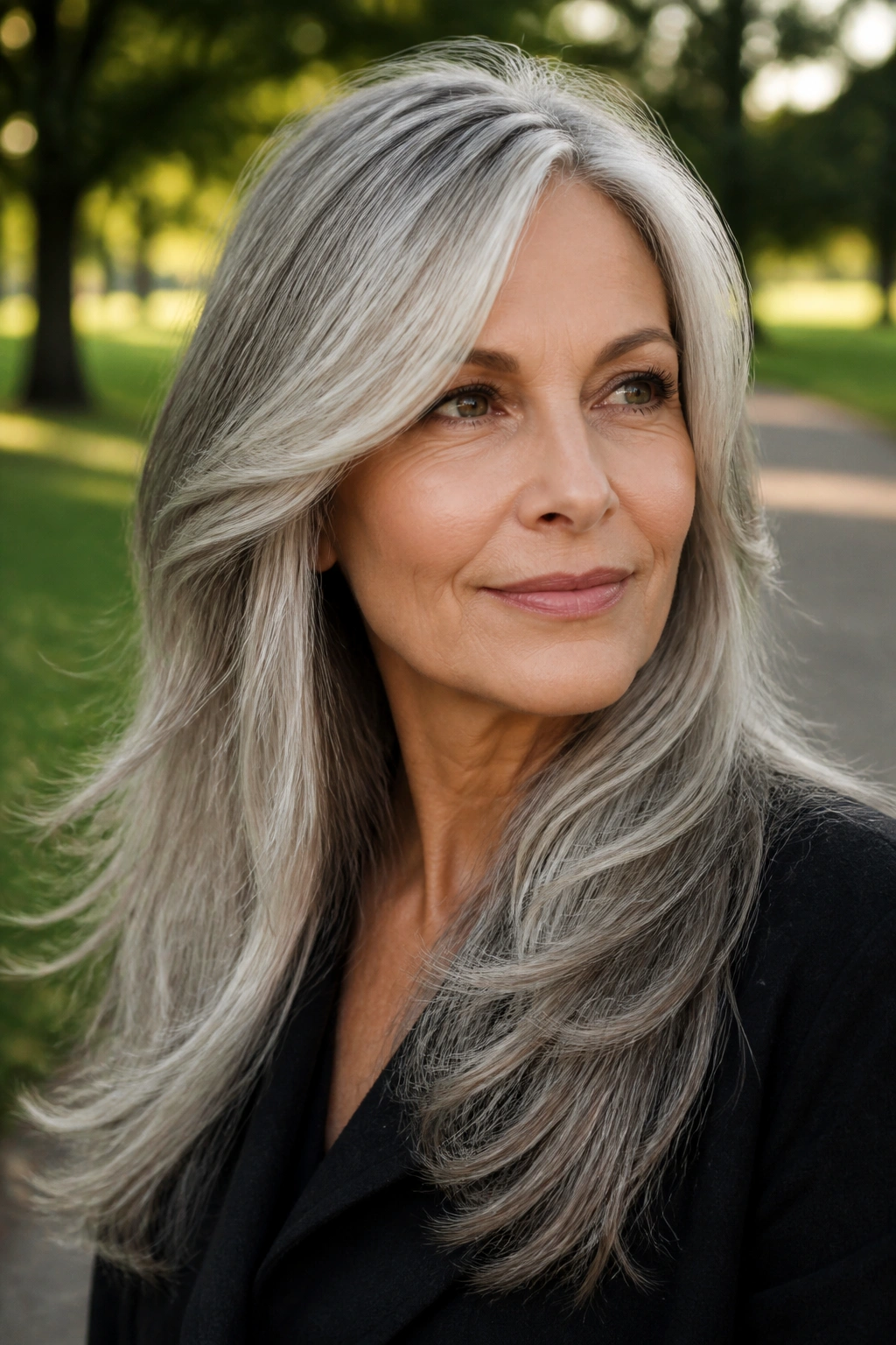 Close-up of a real woman with long silver layered hair in soft park light
