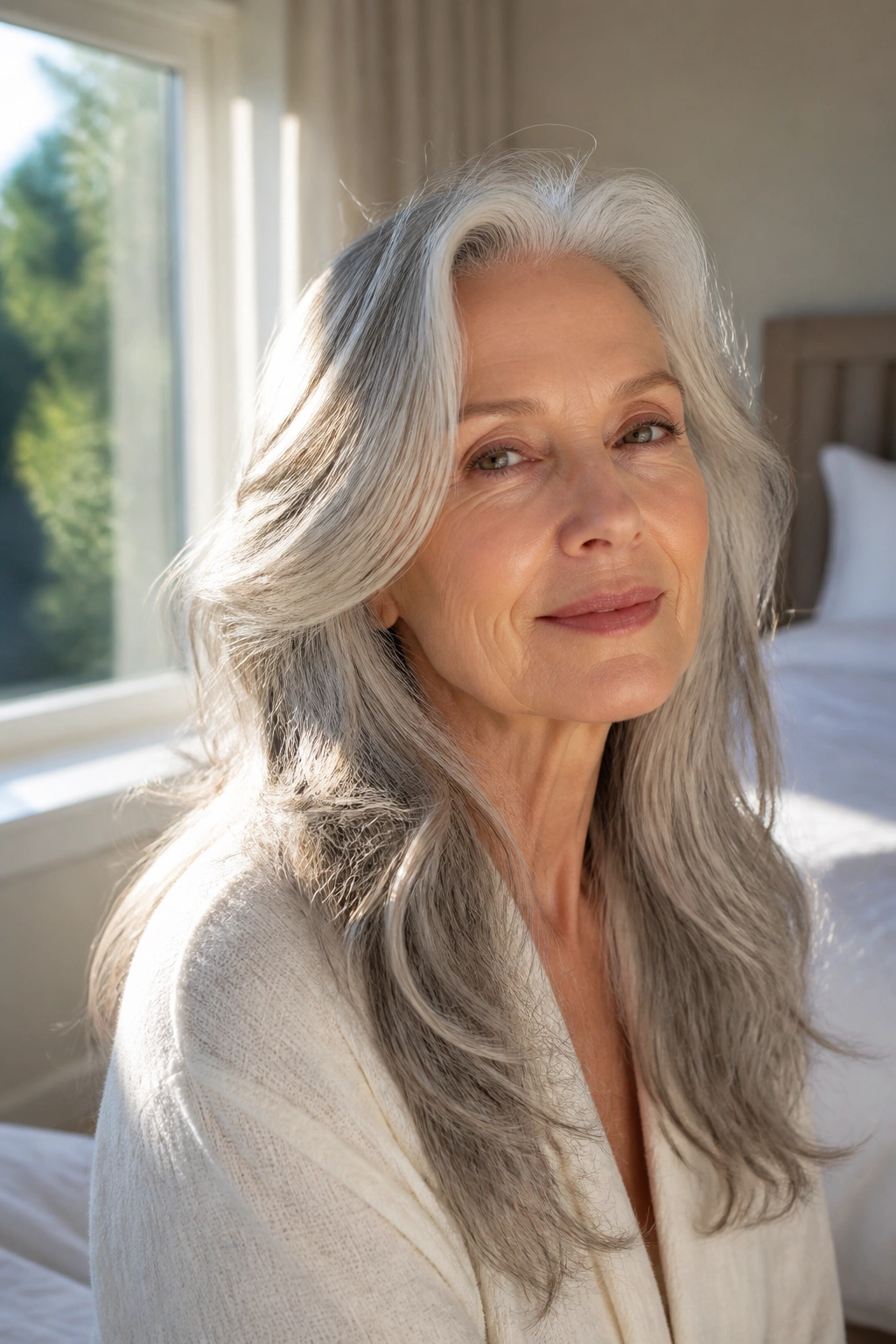 Real woman with long silver hair styled in soft waves and layers
