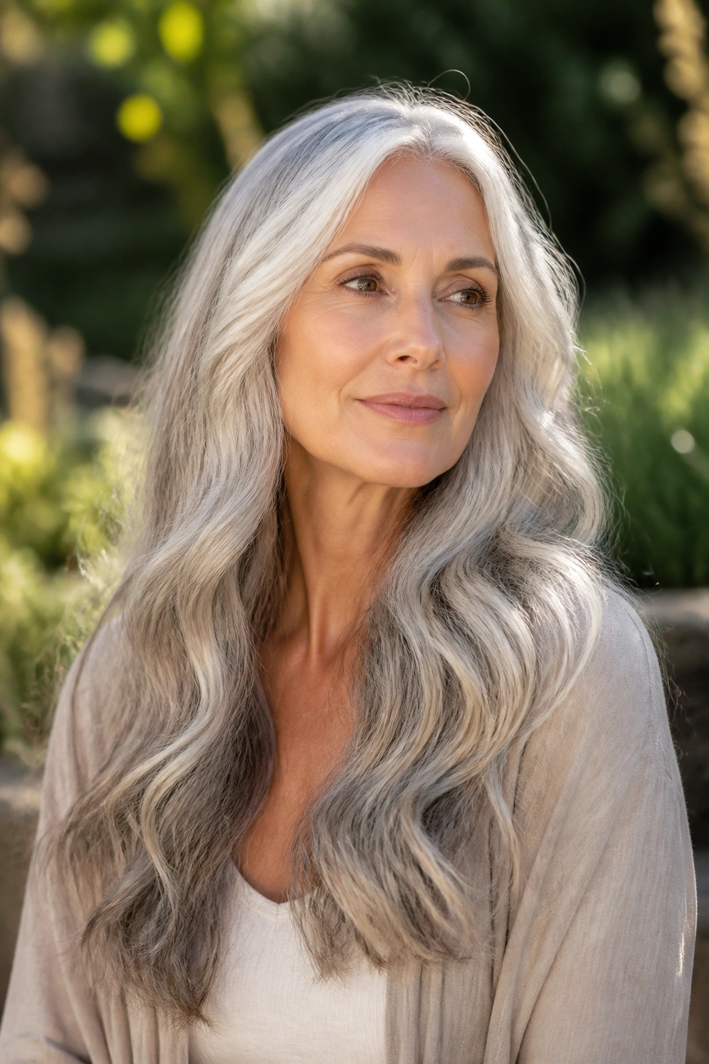 Real woman with long silver waves outdoors in warm light.