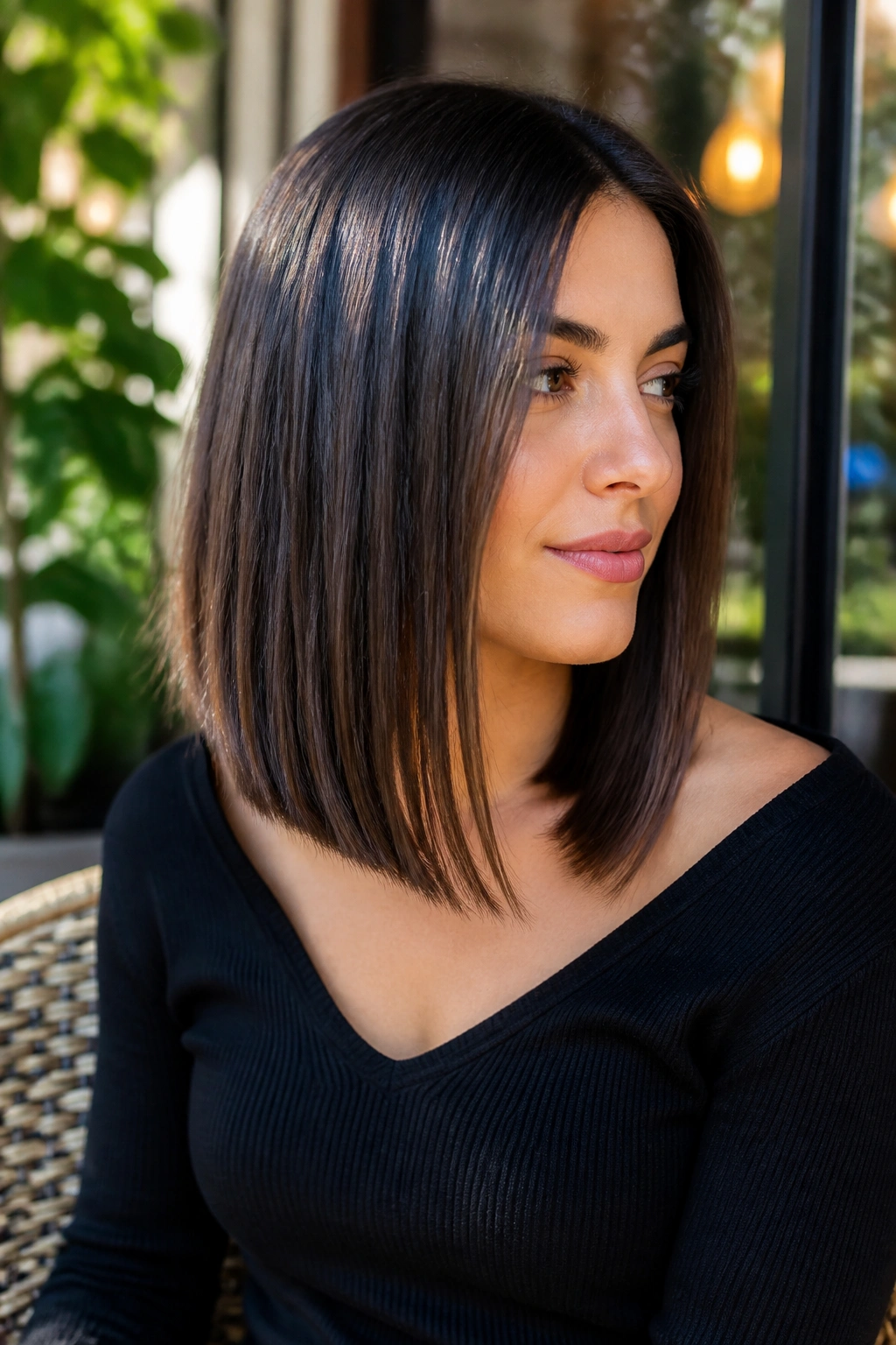 Close-up of a woman with long sleek lob in daylight outdoors