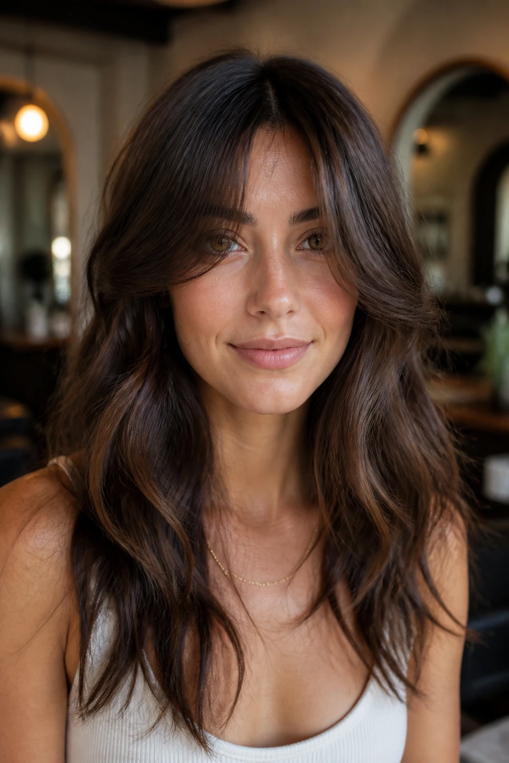 Close-up of a real woman with a long split fringe and centered part on wavy hair