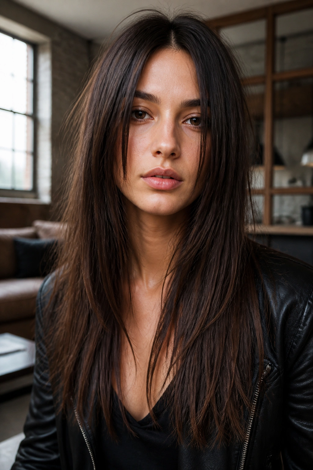 Close-up of a real person with long straight hair and choppy interior layers