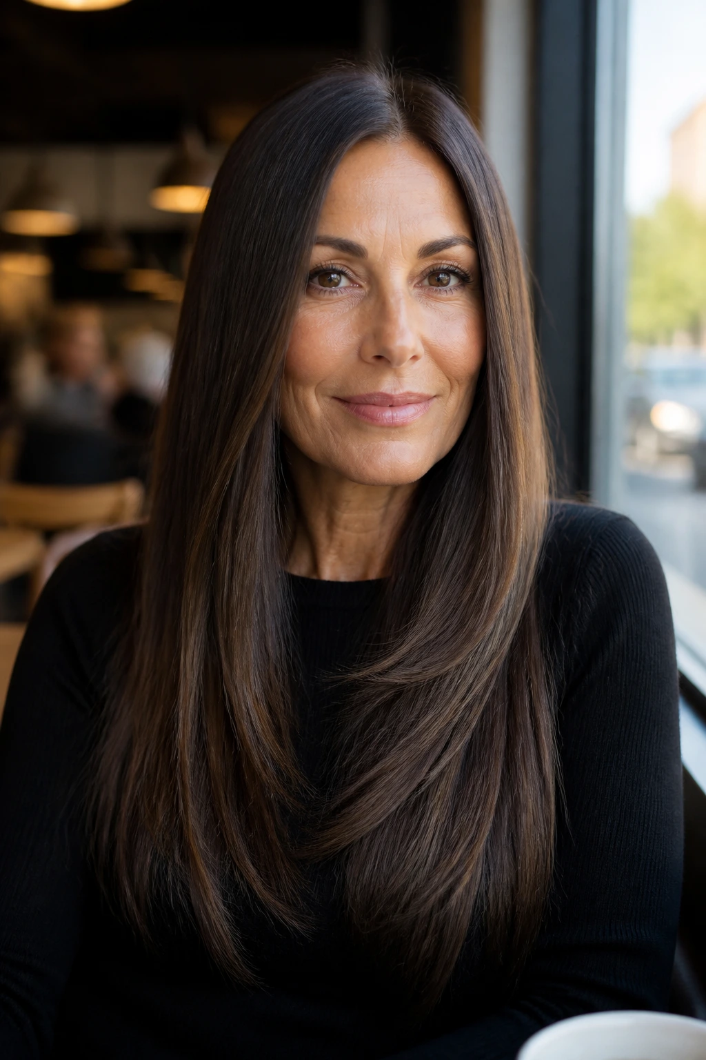 Close-up portrait of a real woman with long straight hair showing internal movement
