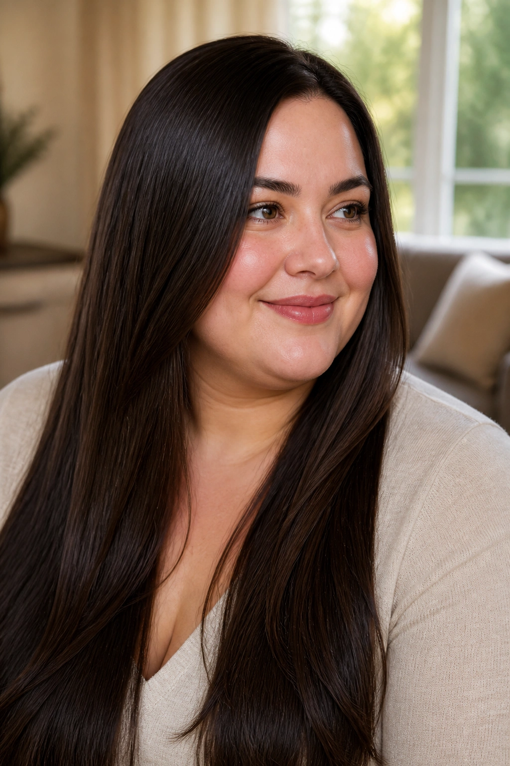 Close-up of a real woman with long straight hair and invisible layers, soft off-center part in natural window light
