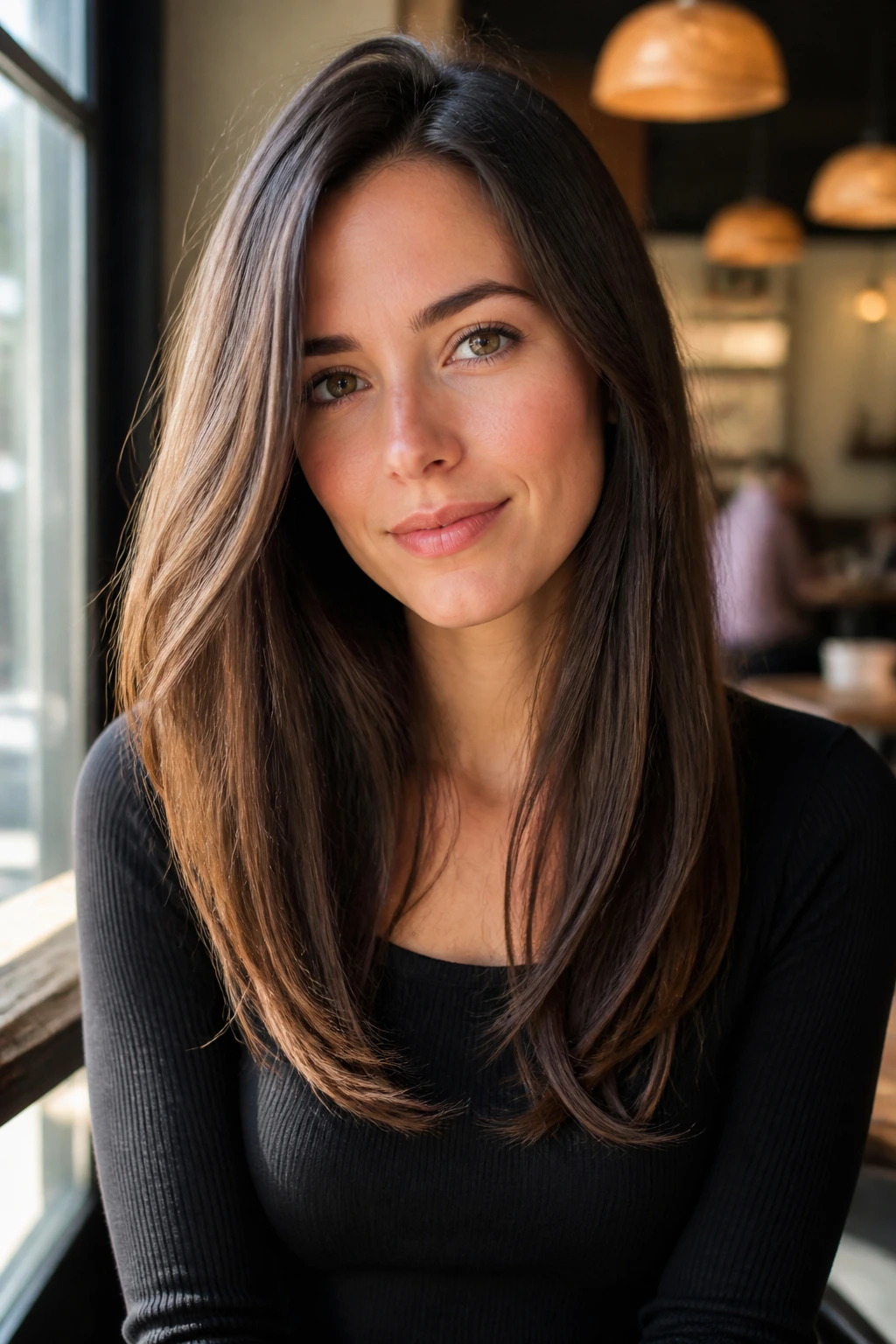 Real person with long straight hair and subtle bends to soften a diamond face