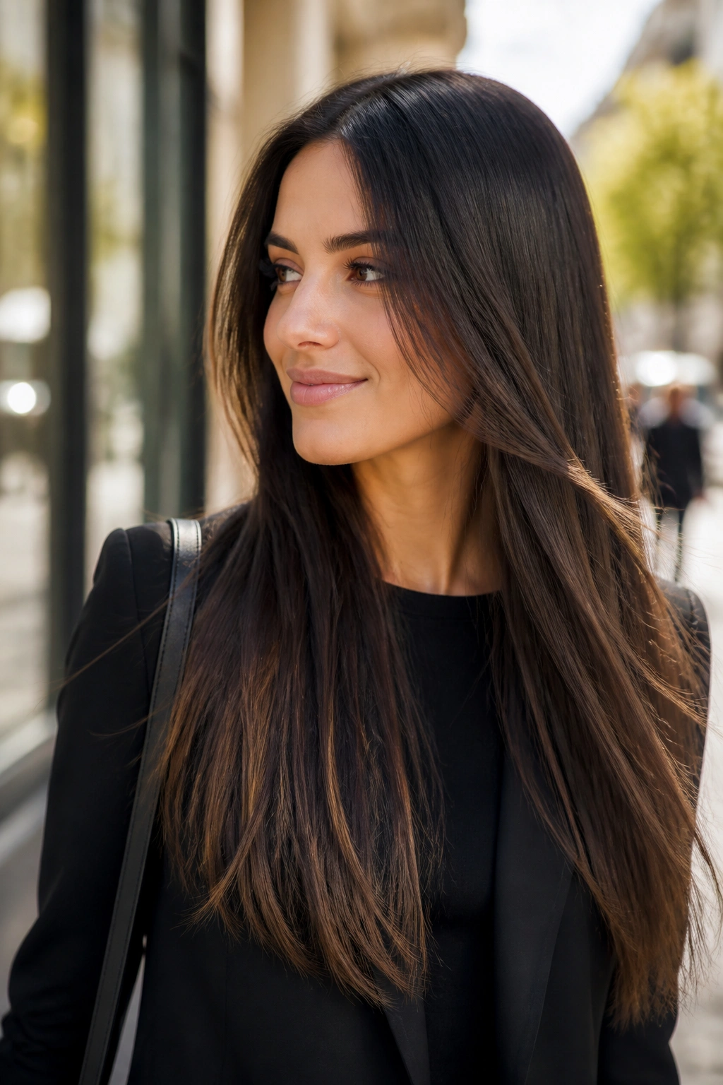 Three-quarter portrait of a woman with long straight hair and invisible layers in daylight.