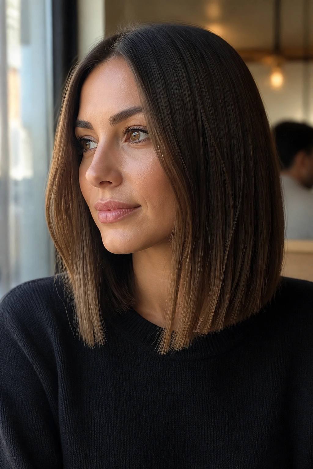 Close-up portrait of a real woman with a long straight lob ending at the collarbone and blunt ends