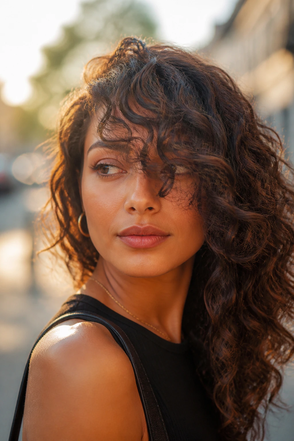 Portrait of a real woman with diagonal long swoop bangs in warm outdoor light