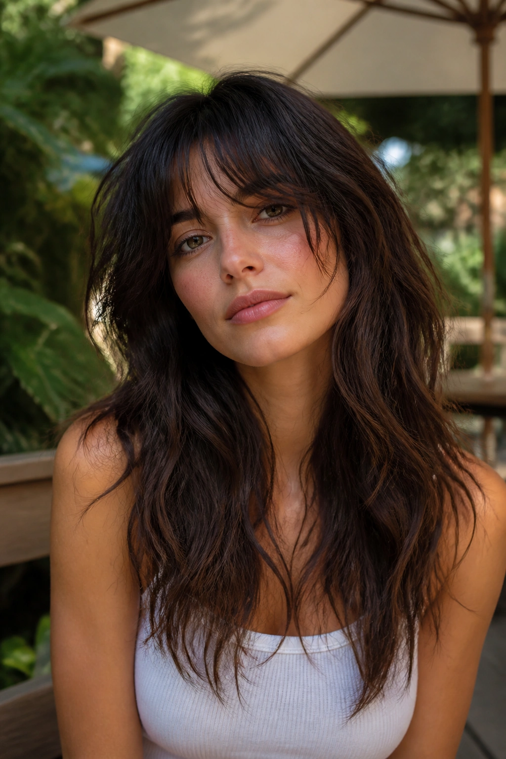 Real person with long textured wolf cut curtain bangs in natural daylight