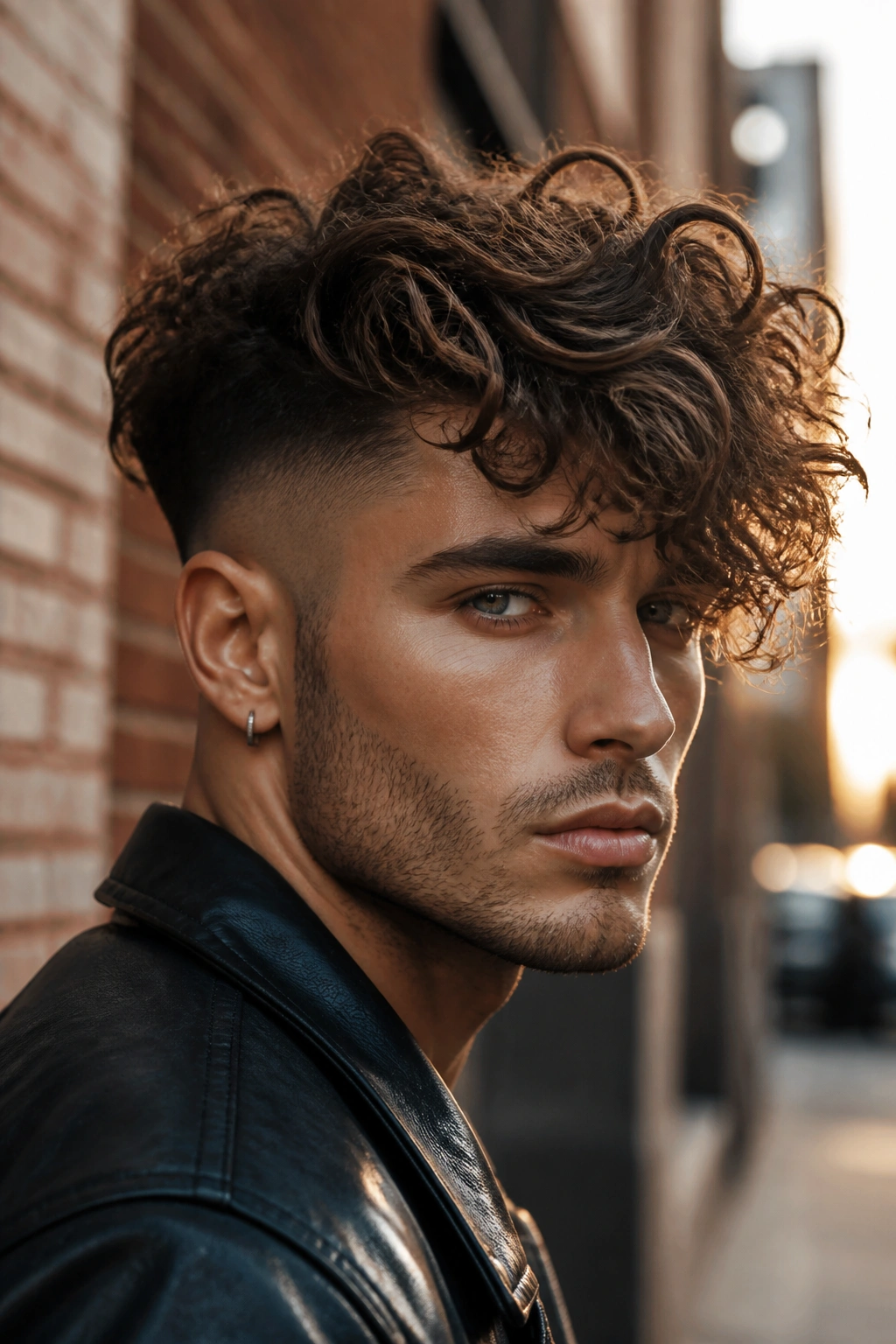 Close-up of a man with long top curly undercut against a brick city street backdrop