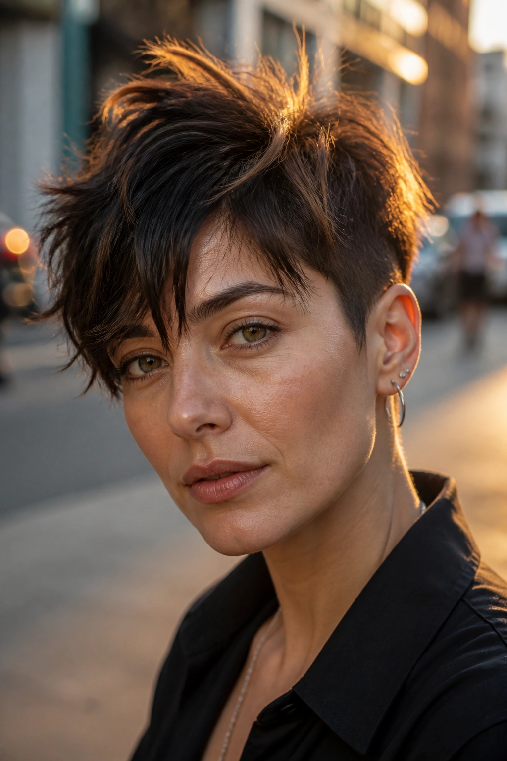 Close-up of a person with a long-top messy pixie on a city sidewalk at golden hour