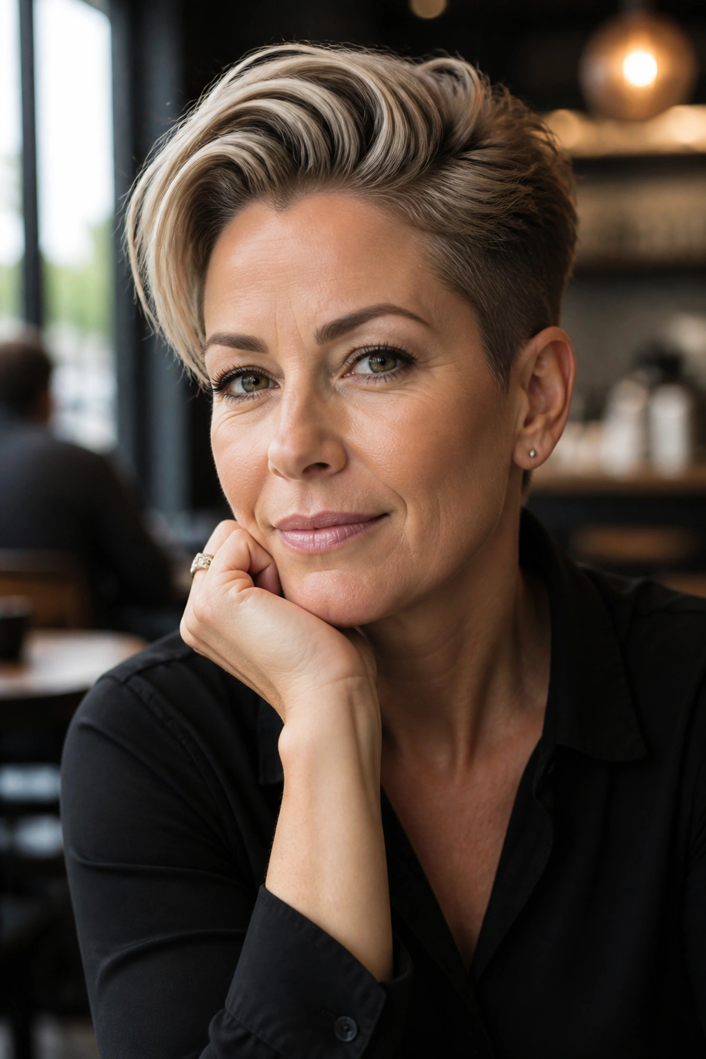 Close-up portrait of a real woman with long-top pixie hairstyle in a cafe setting