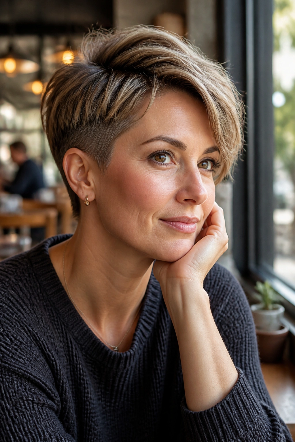 Close-up portrait of a real woman with a long-top pixie hairstyle, cafe window light