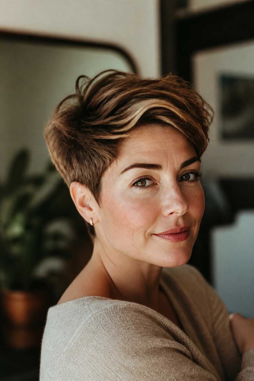 Close-up of a real person with long-top pixie hairstyle