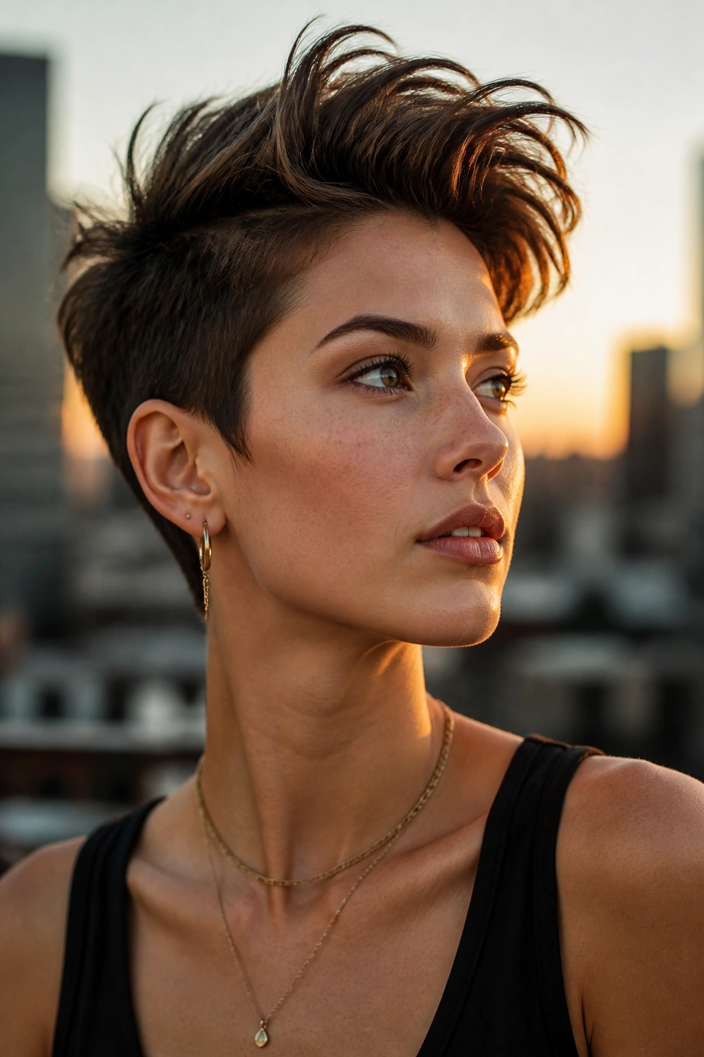 Close-up portrait of a real woman with a long-top pixie and extra height at the crown