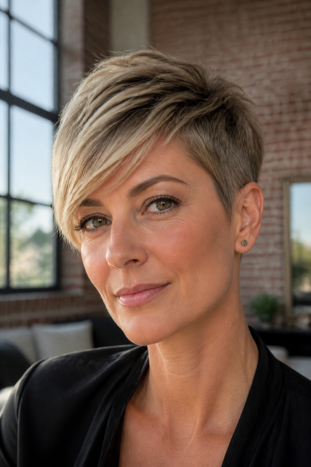 Portrait of a real woman with long-top pixie, top length forward, in daylight.