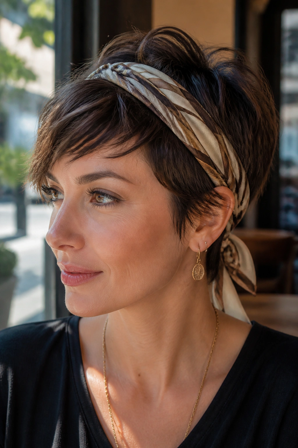 Close-up portrait of a real woman with a long-top pixie and scarf-wrapped headband.
