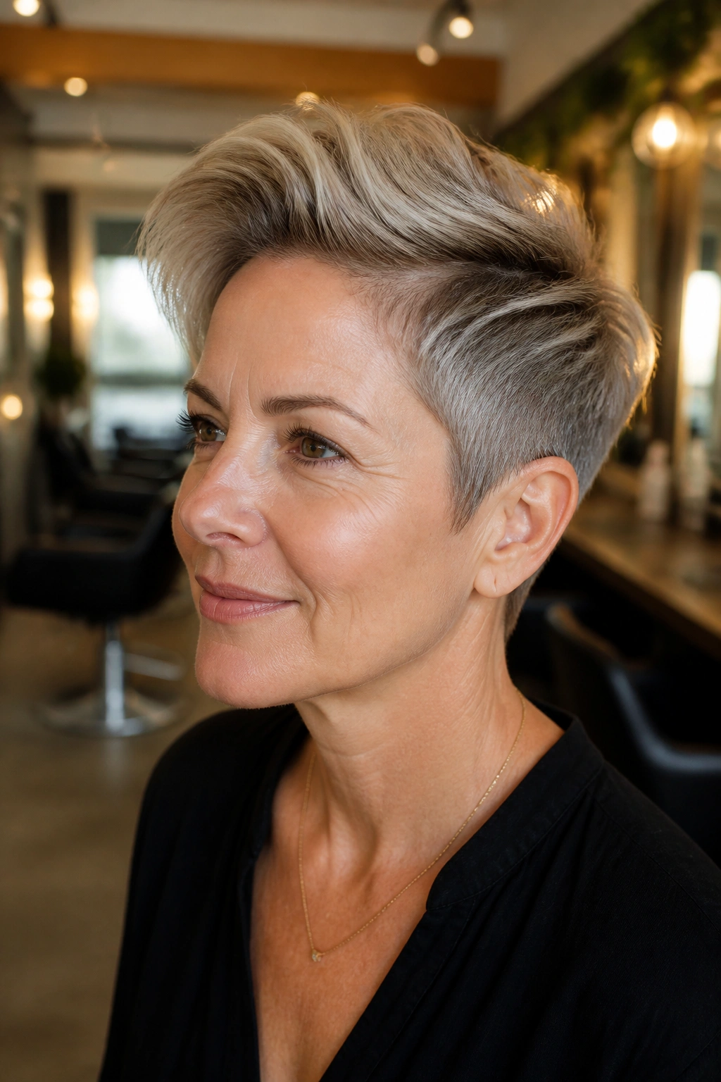 Portrait of a real woman with a long-top pixie and short sides