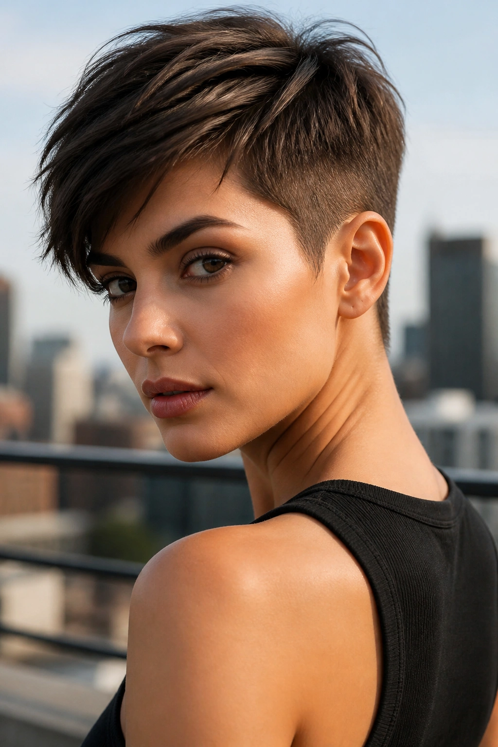 Portrait of a woman with long-top pixie and short sides.