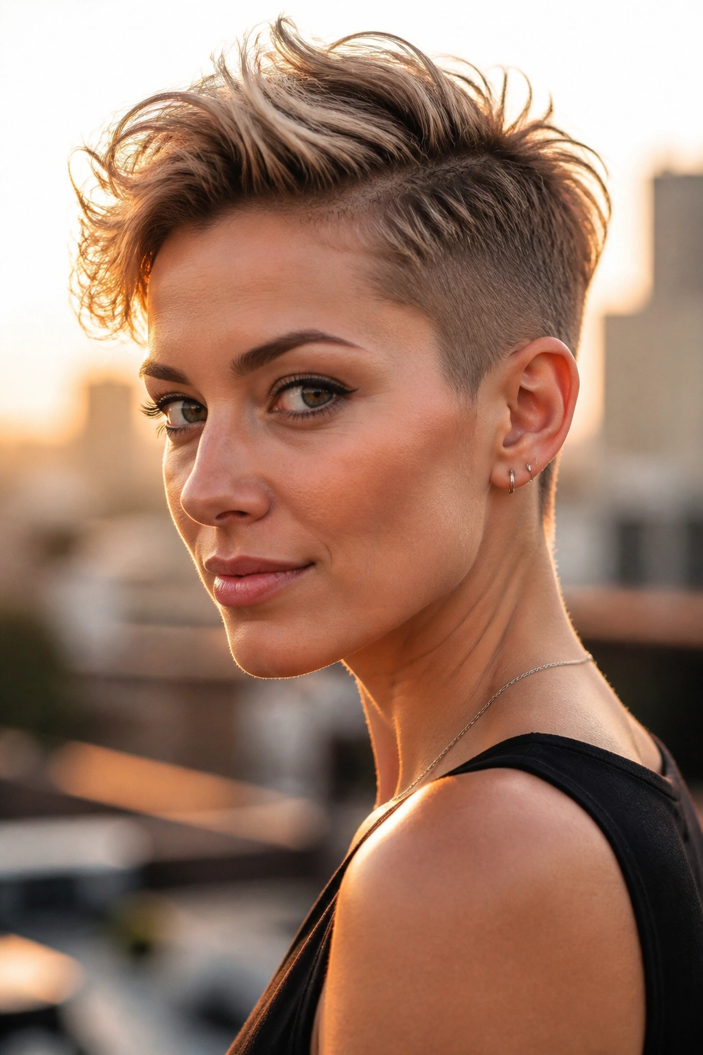 Close-up of a woman with long-top short-sides pixie on a city rooftop at golden hour